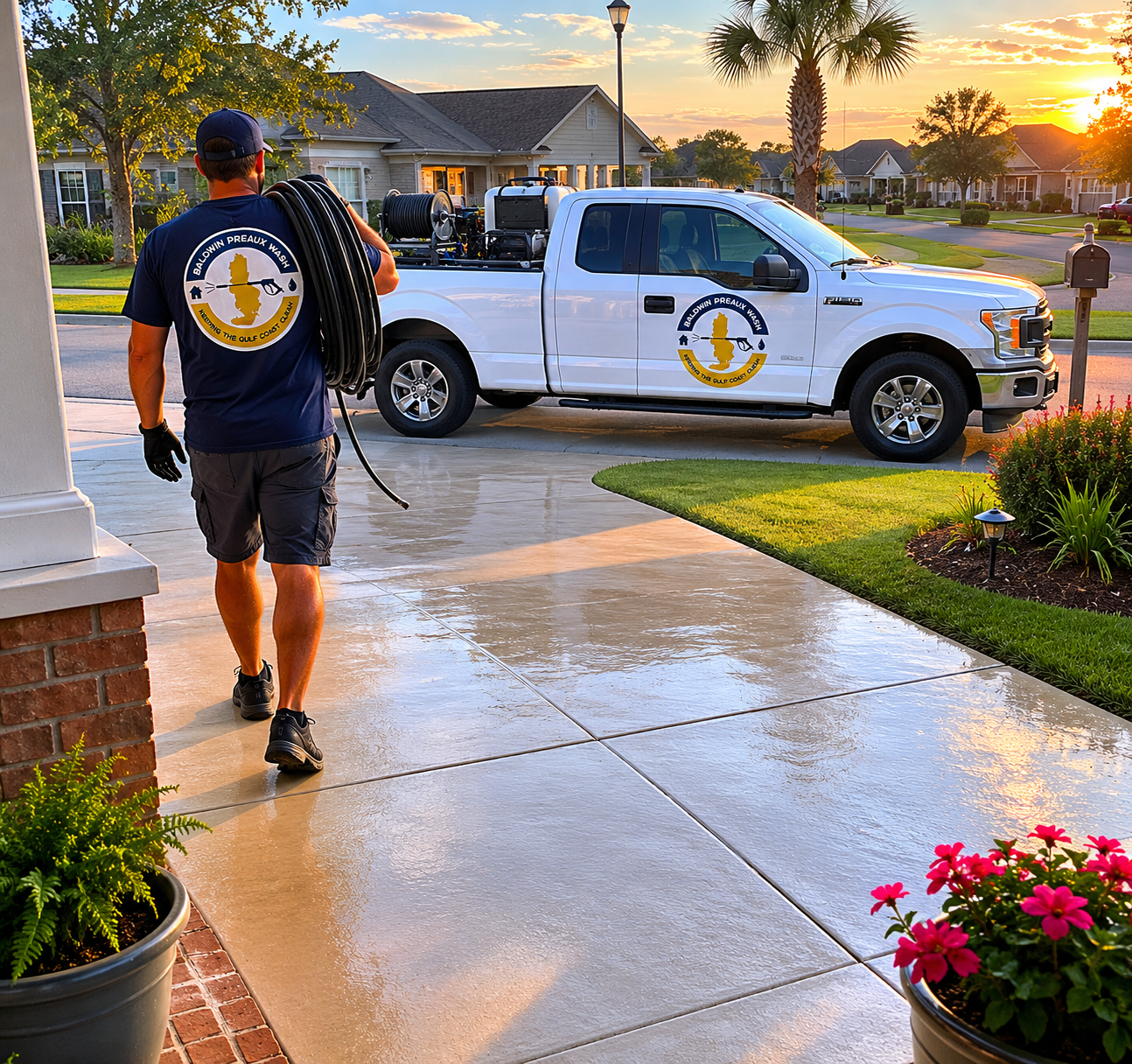Heavy rust staining on a concrete driveway from irrigation overspray in Daphne, Alabama