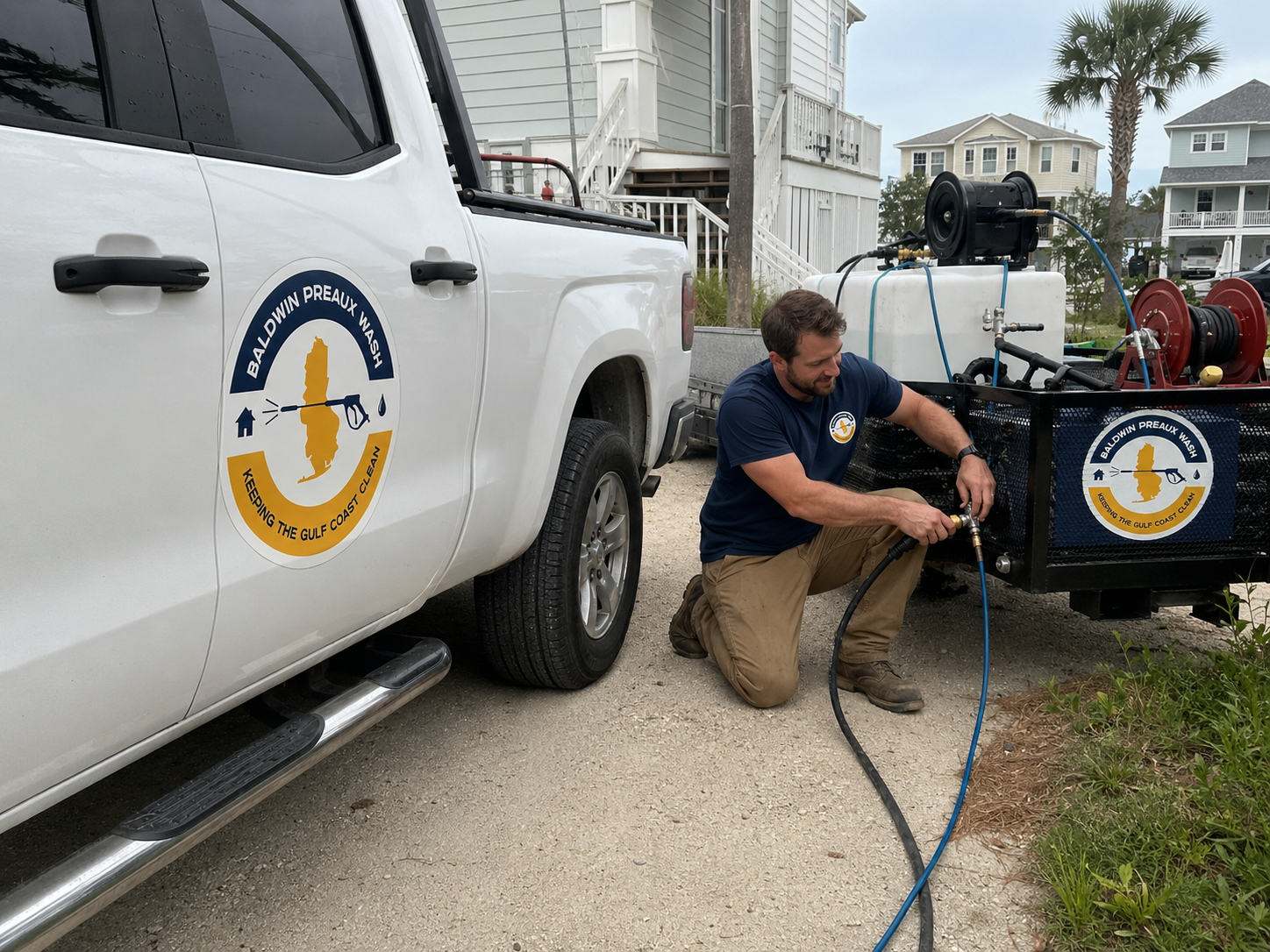 Technician soft washing soffits and gutters on a Spanish Fort home