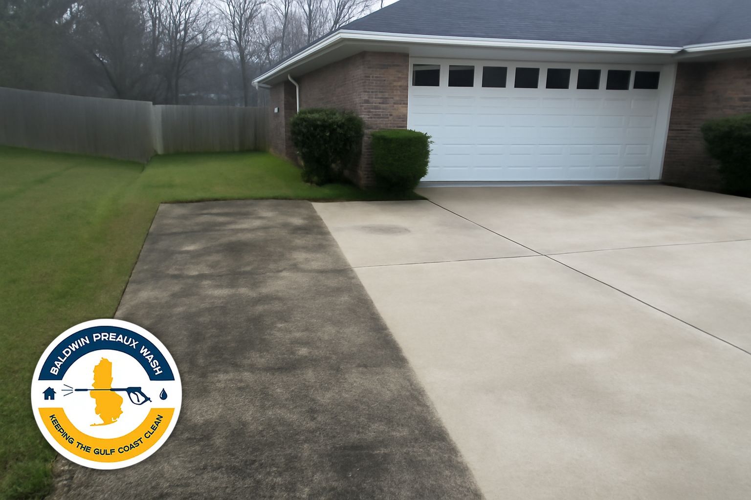 Surface cleaner running across a Spanish Fort concrete driveway with biological staining being lifted