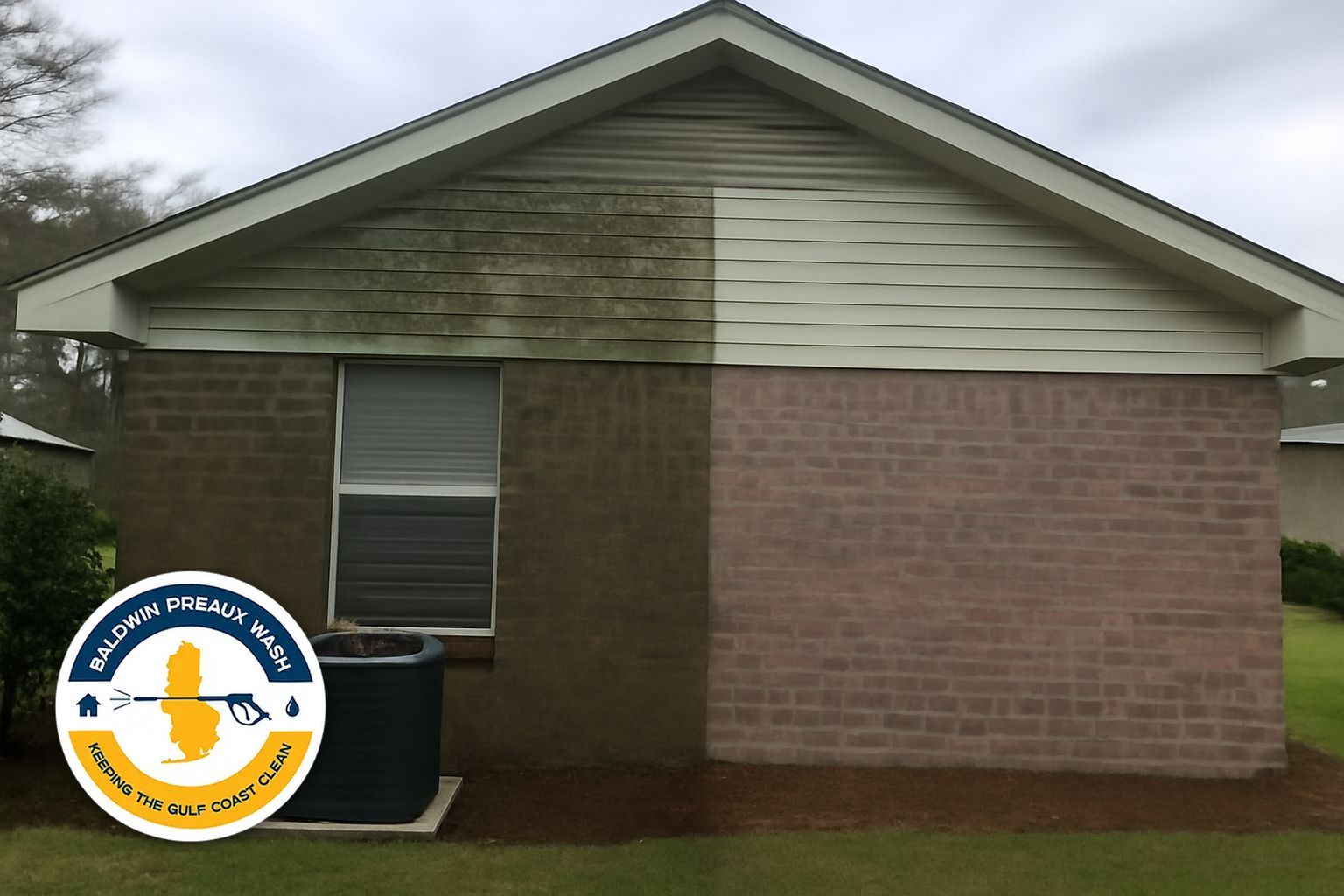 Commercial storefront in Mobile Alabama before and after pressure washing showing clean brick and sidewalk