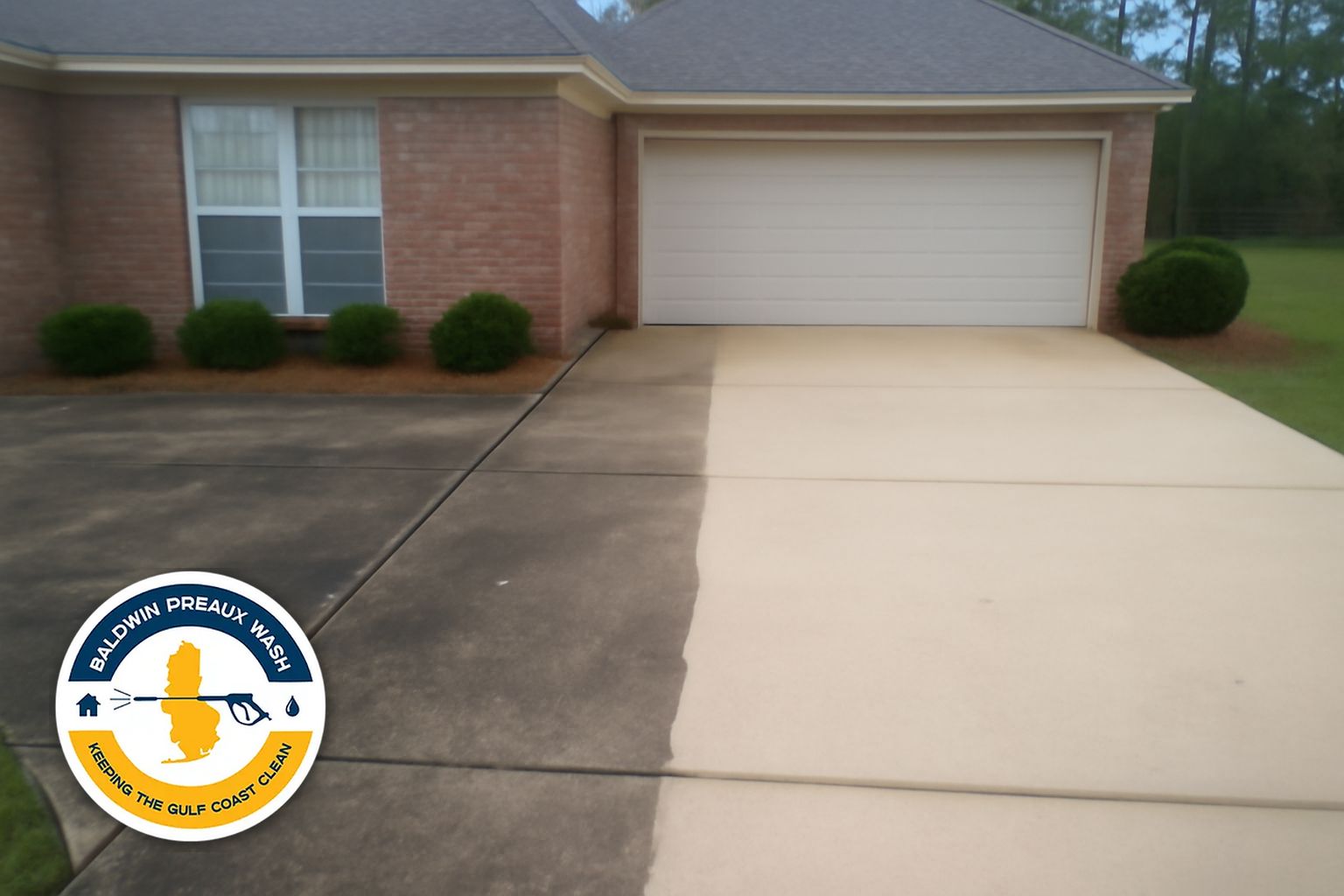 Mobile Alabama commercial building exterior soft washed to remove algae staining and mold from brick facade