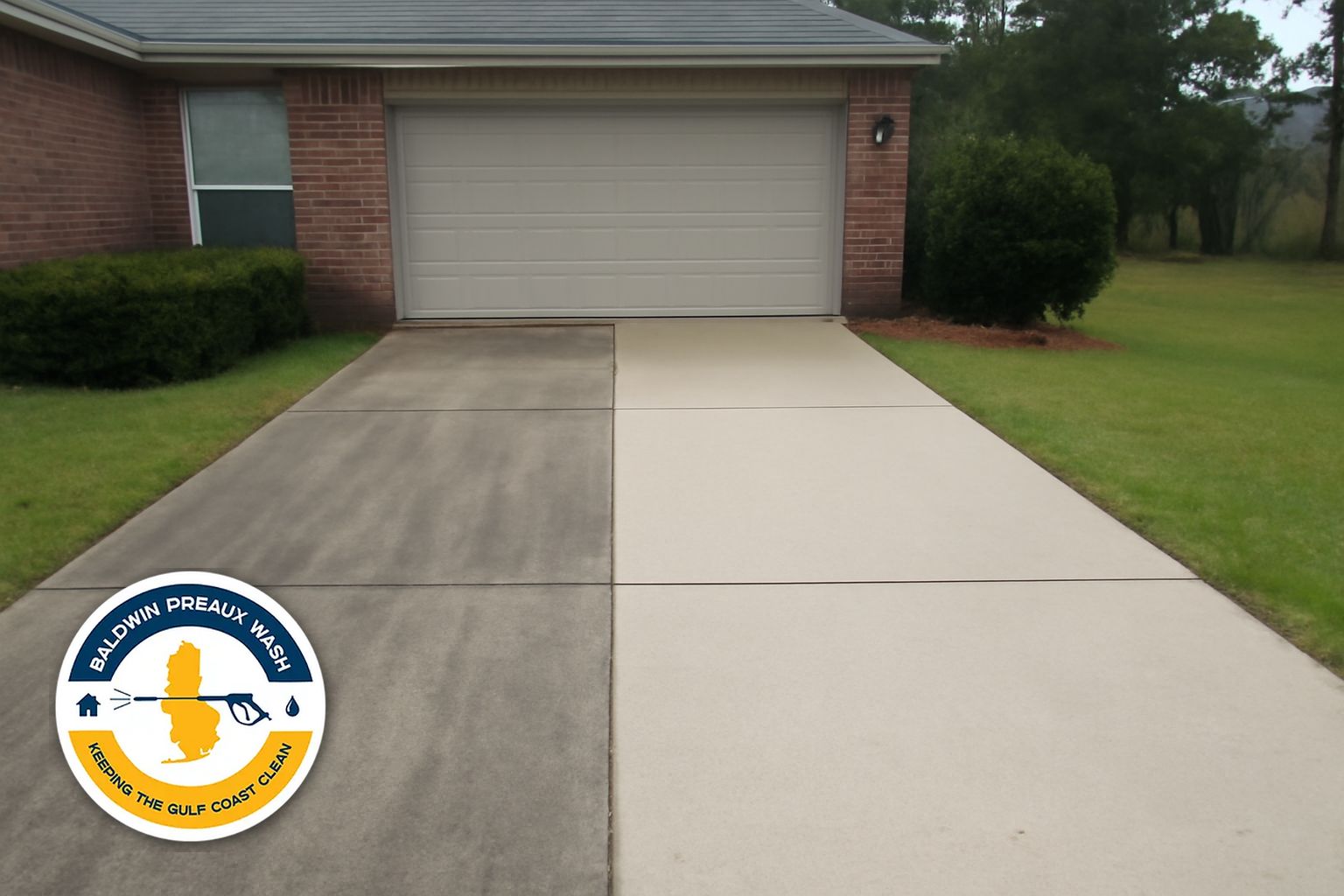 Concrete driveway in Daphne AL before and after pressure washing showing algae and rust stain removal