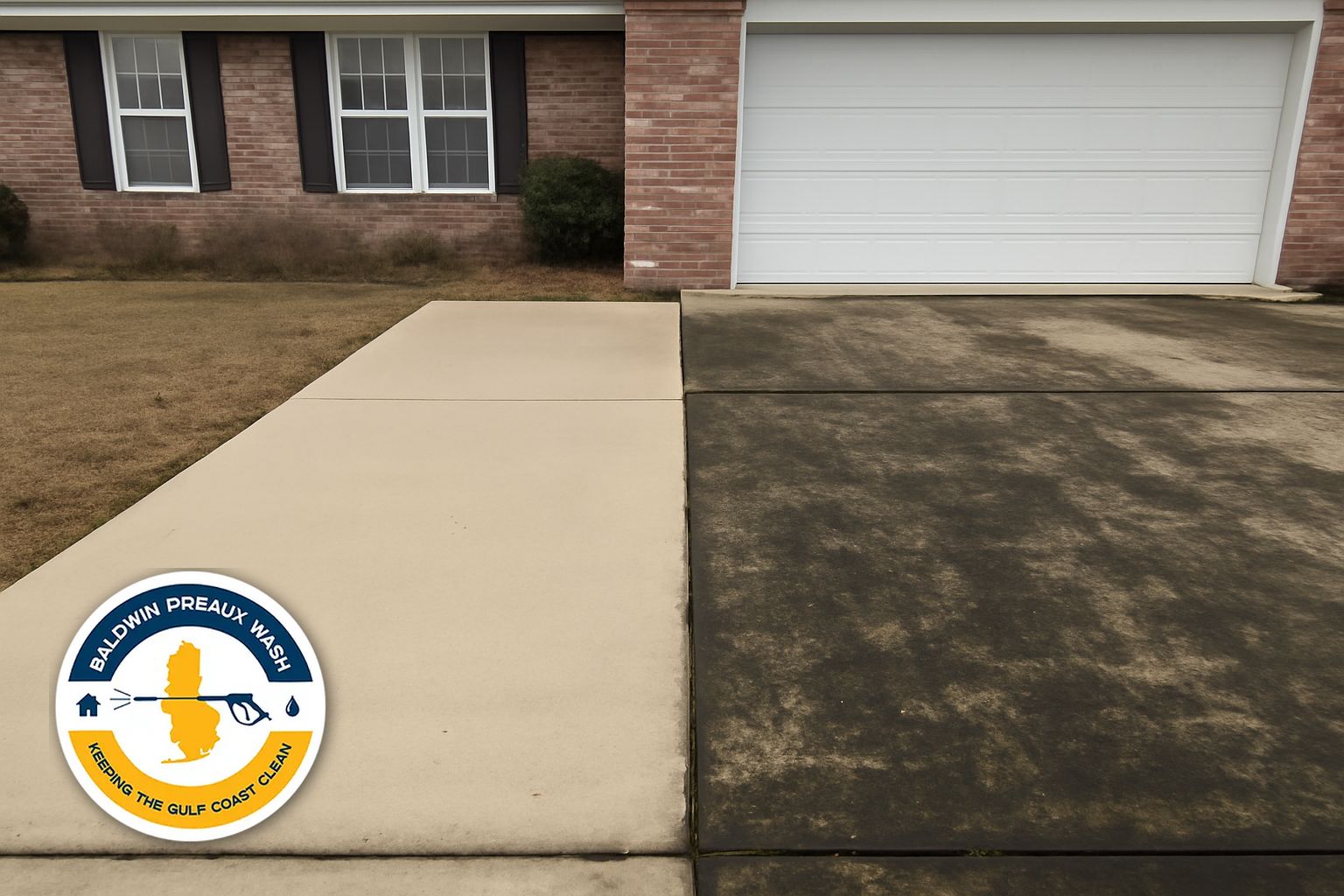 Rotary surface cleaner cleaning an algae-covered concrete driveway in a Daphne Alabama subdivision