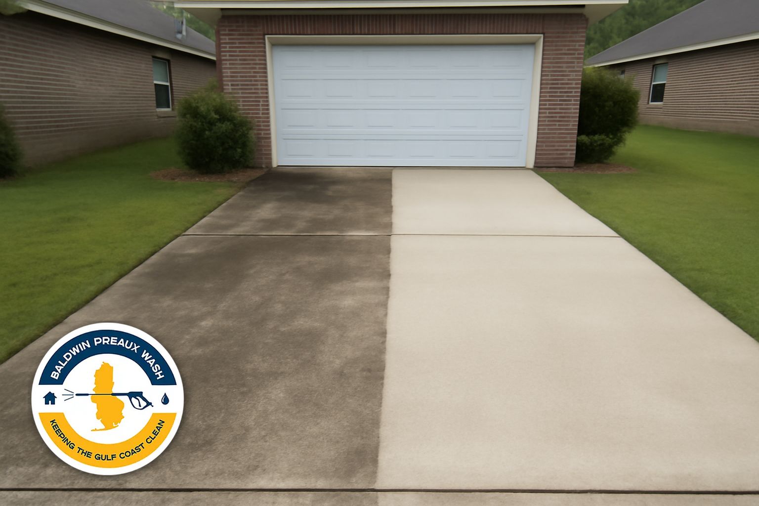 Concrete driveway before and after pressure washing in Robertsdale AL