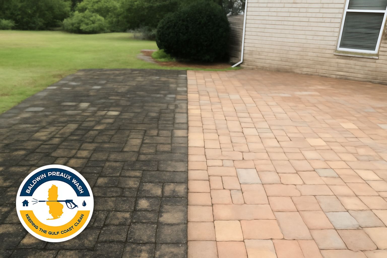 Algae-stained paver patio in Gulf Shores Alabama before professional cleaning
