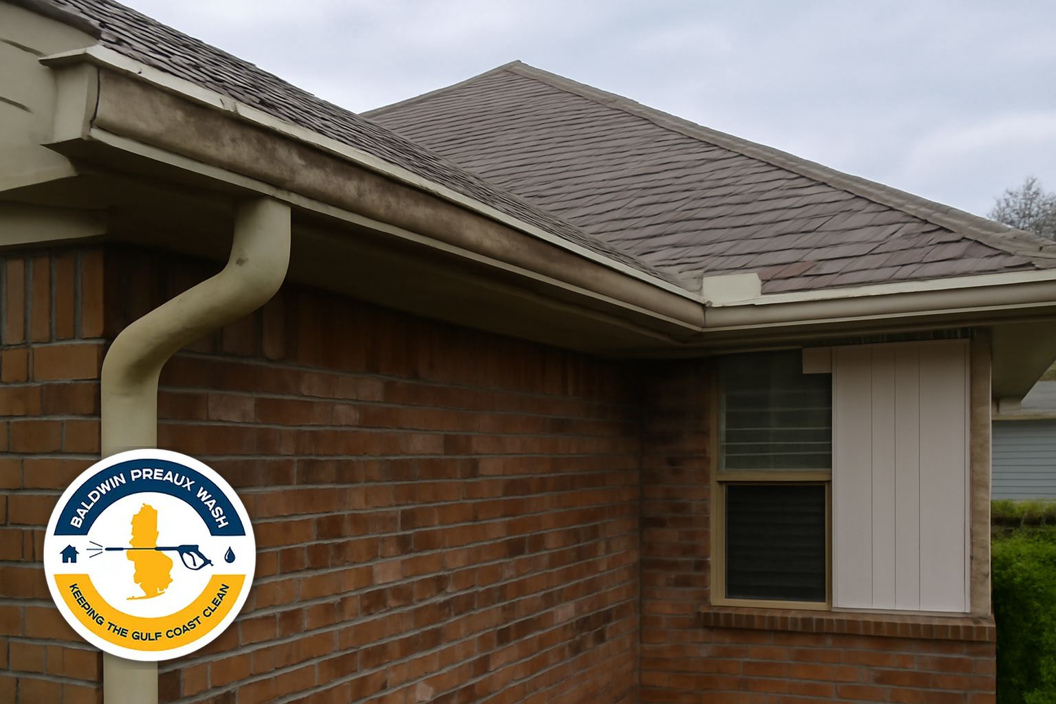 Gutter full of pine straw and debris on a Daphne Alabama home before cleaning