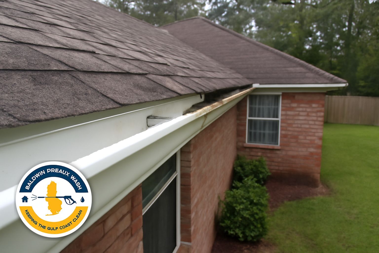 Technician flushing a downspout on a Daphne home to confirm clear water flow