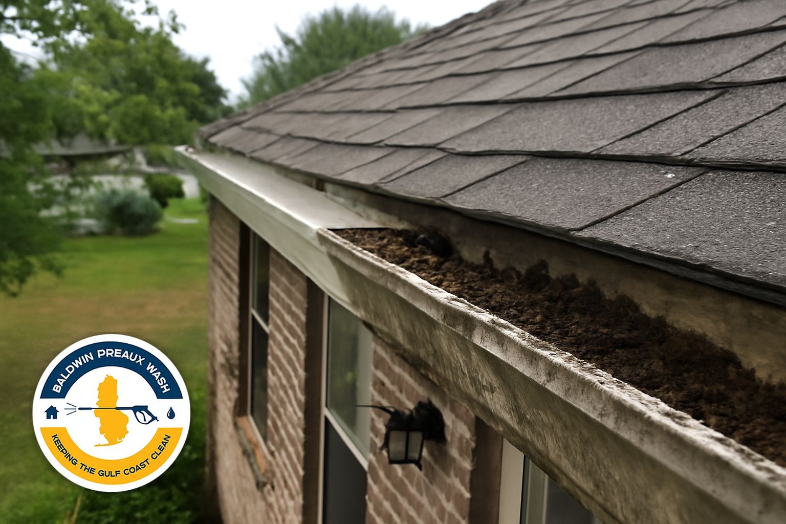 Water overflow stain on siding below a clogged gutter on a Spanish Fort home