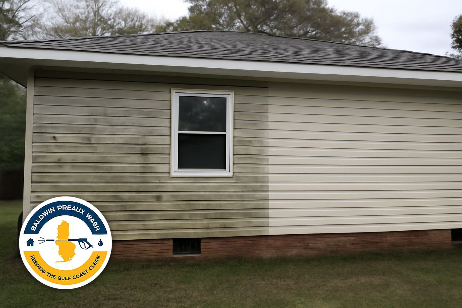 Soft washing mildew off vinyl siding on a Fairhope home near the bluff