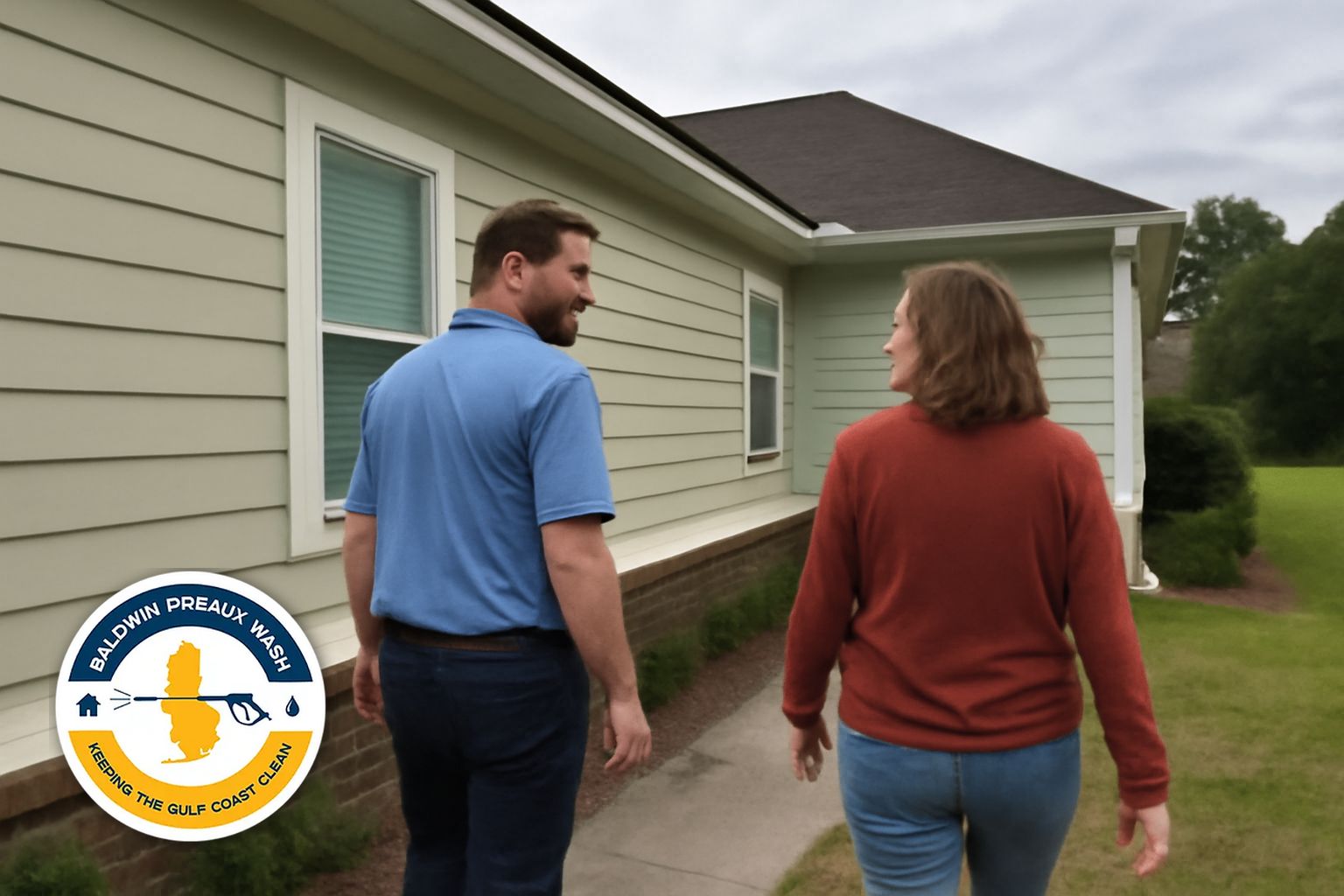Before and after house washing on a West Mobile home showing mildew removal from vinyl siding