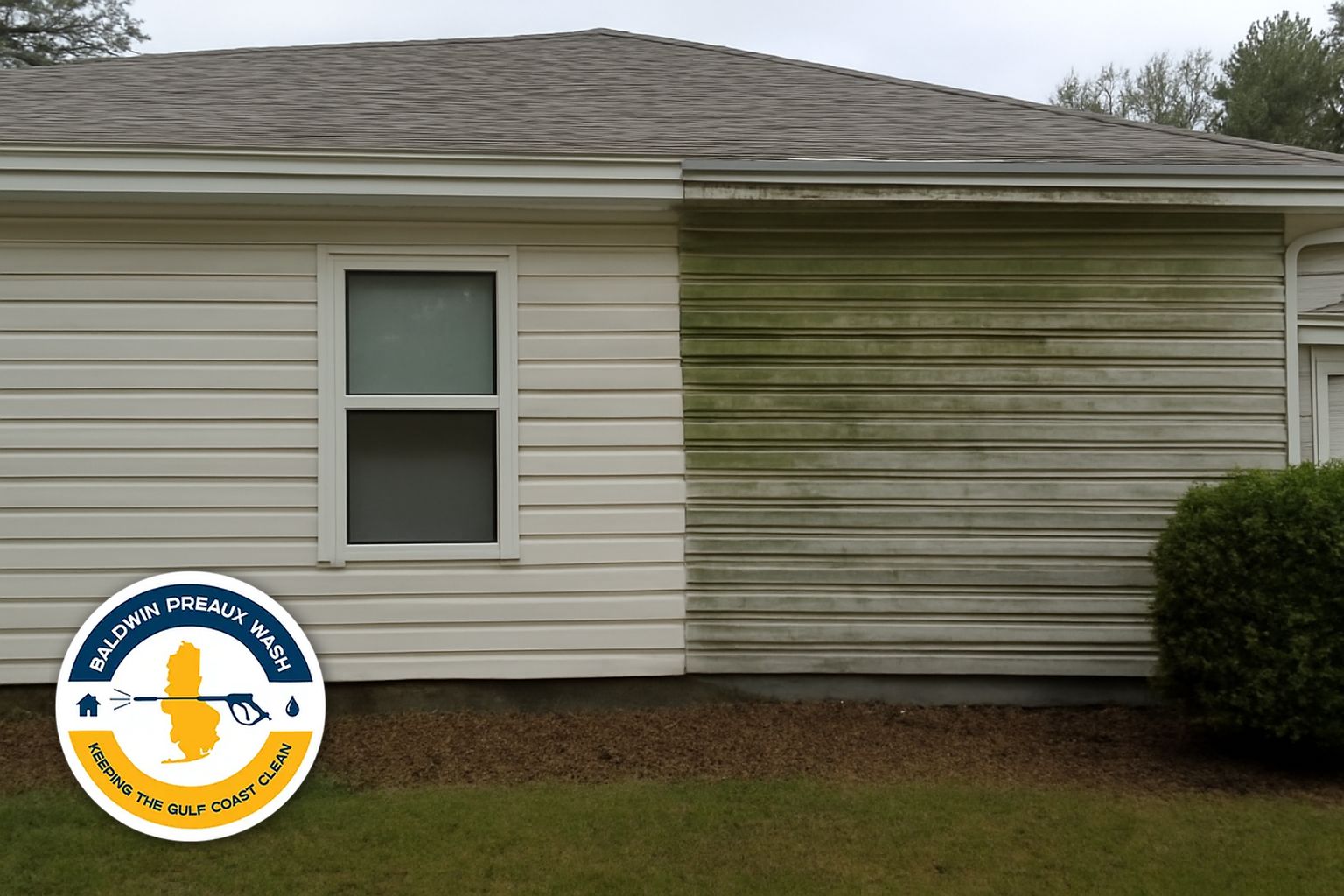 Crew member rinsing siding on a coastal home in Orange Beach Alabama during soft wash service