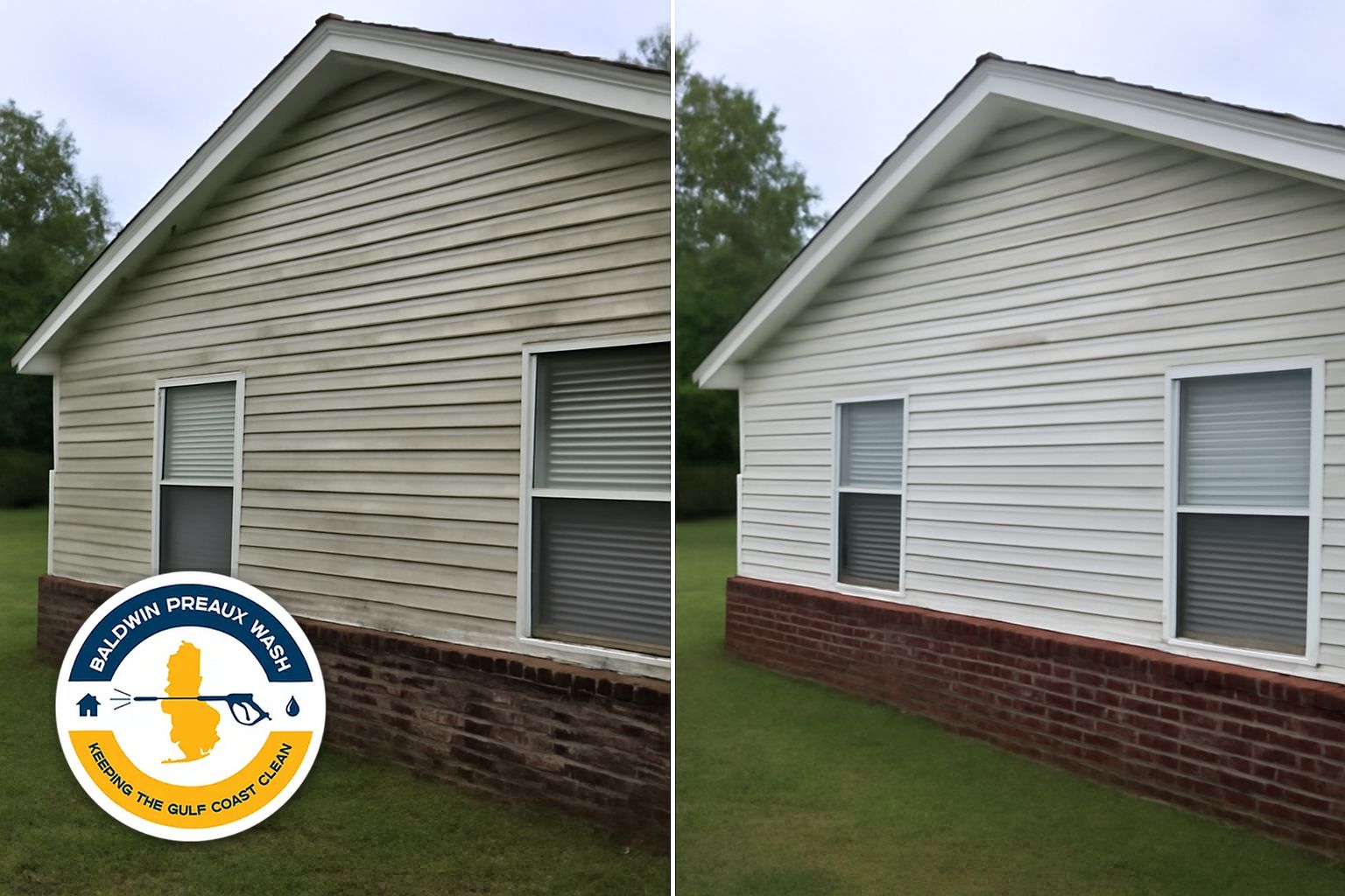 Soft washing technician treating mildew on vinyl siding at a Spanish Fort home