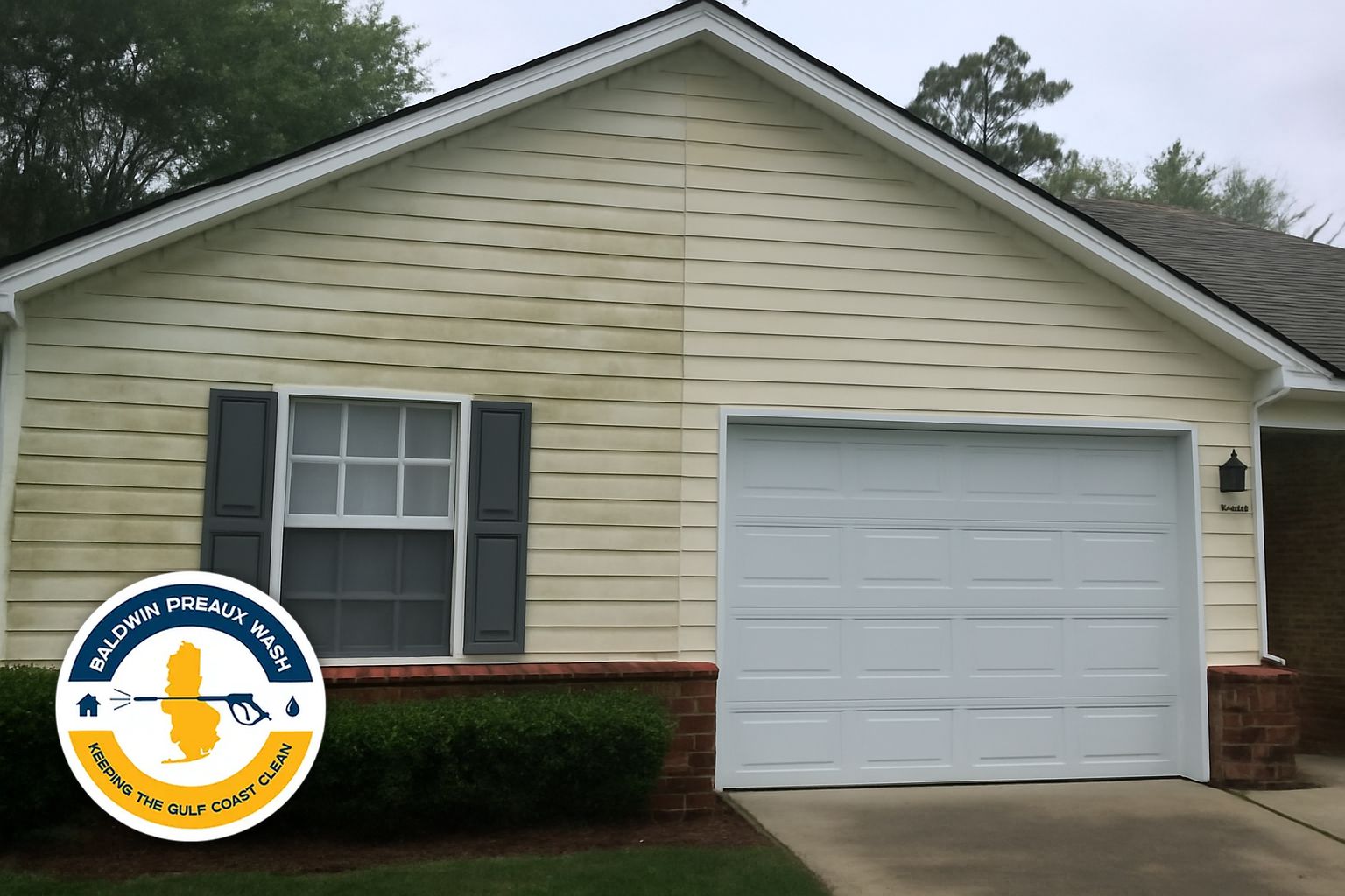 Soft washing mildew off vinyl siding on a Spanish Fort home in zip code 36527