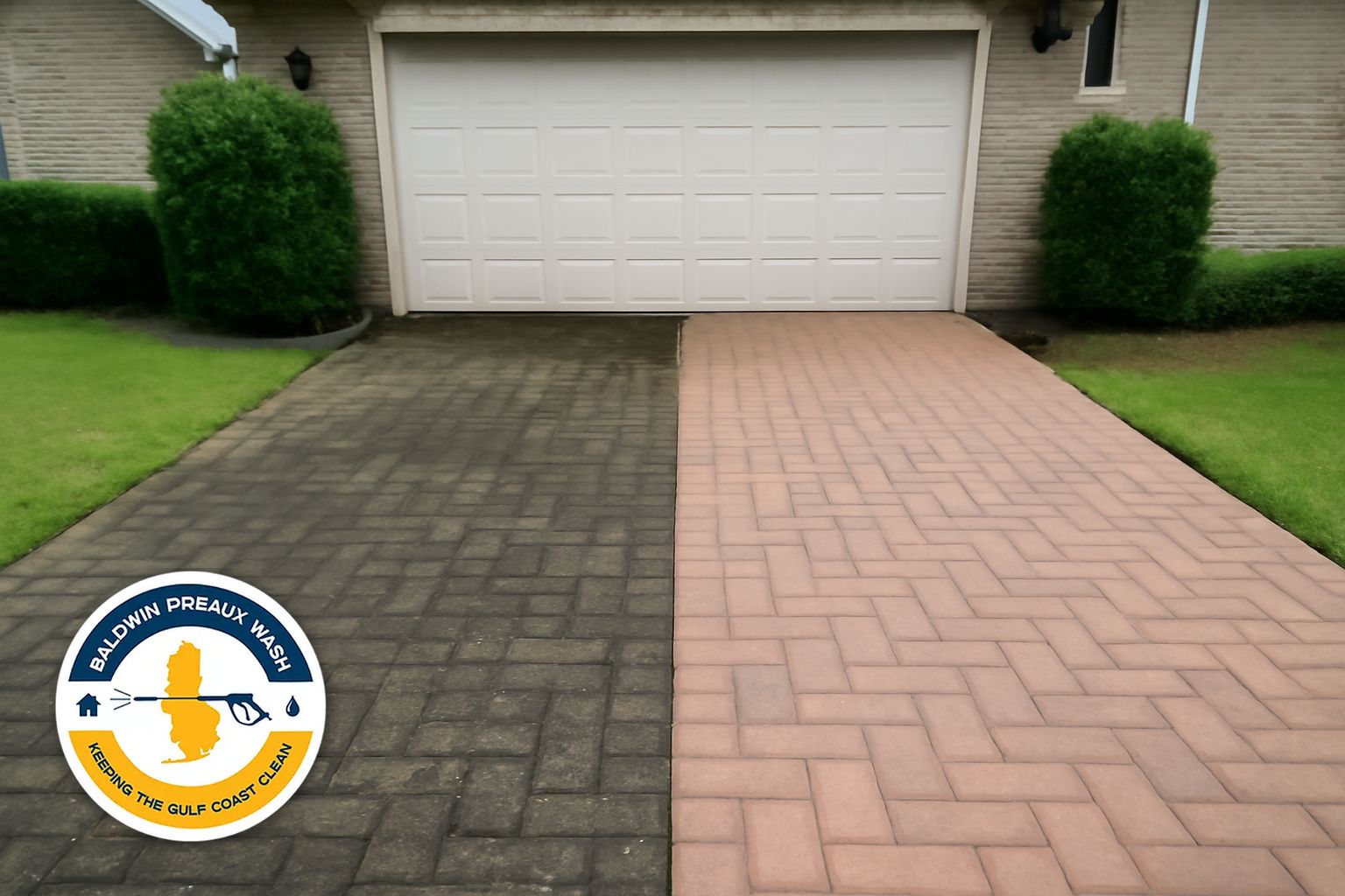 Before and after paver cleaning on a Daphne, AL patio showing restored color and clear joints