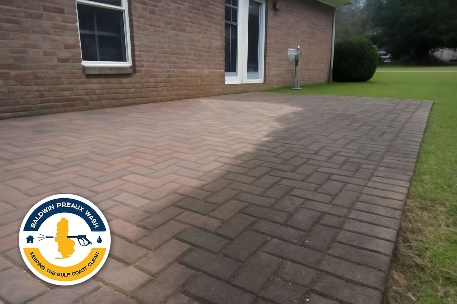 Rust staining on concrete pavers near an irrigation head in Daphne Alabama