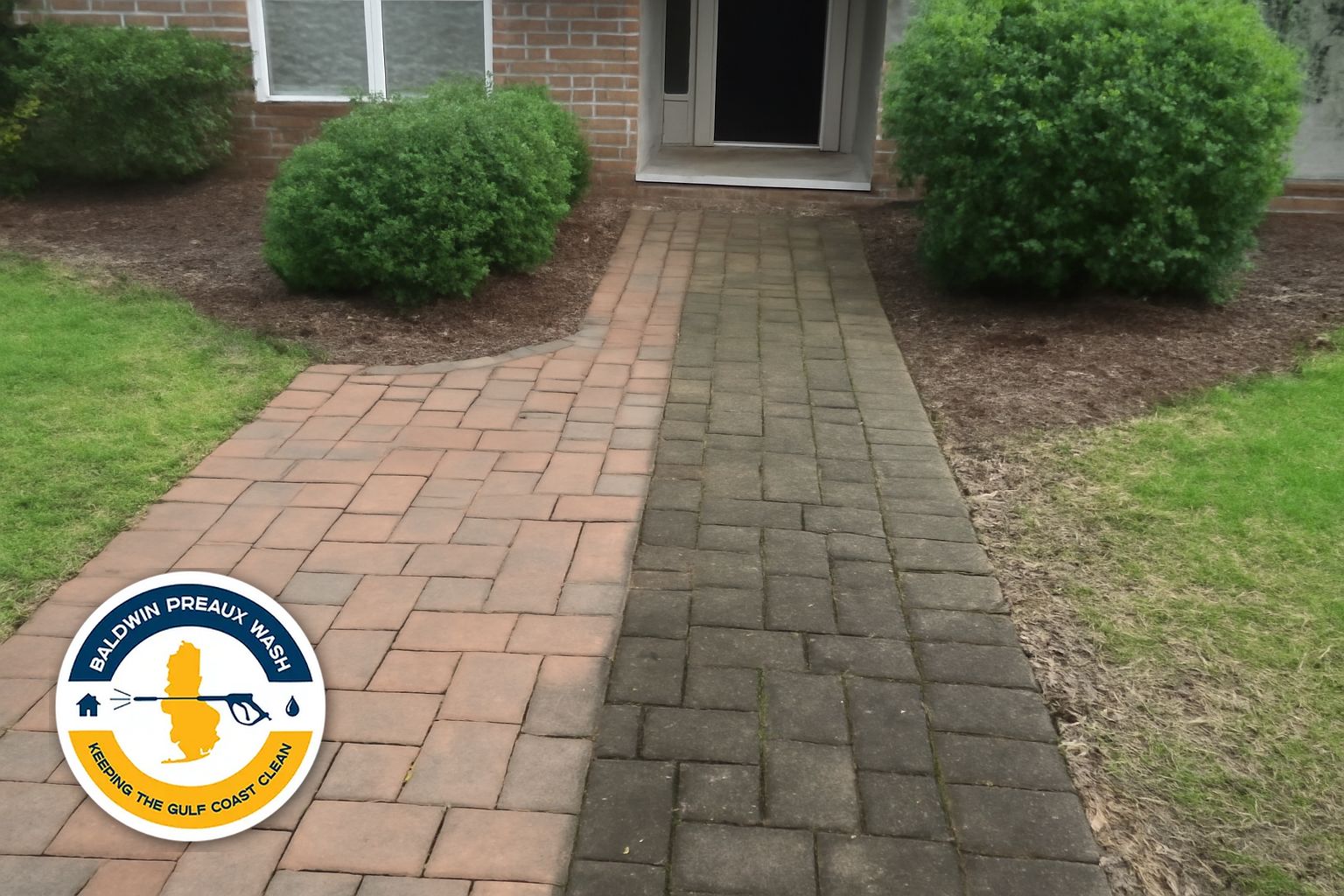 Crew cleaning paver driveway in Foley Alabama with low-pressure soft wash equipment