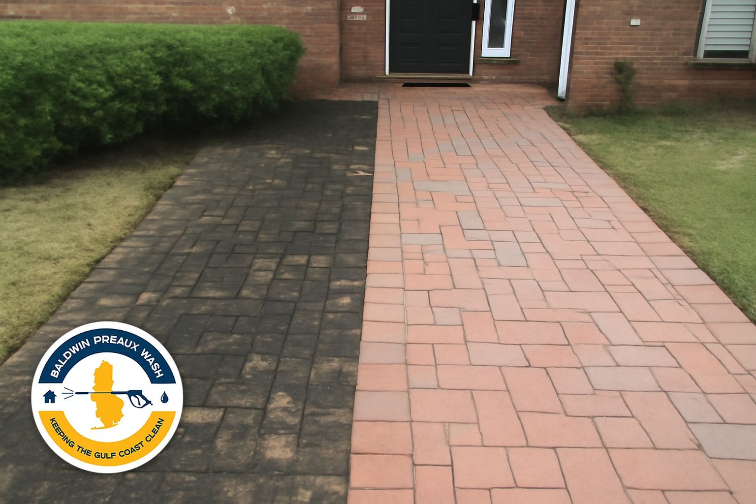 Paver driveway in Gulf Shores Alabama before and after professional cleaning and sealing