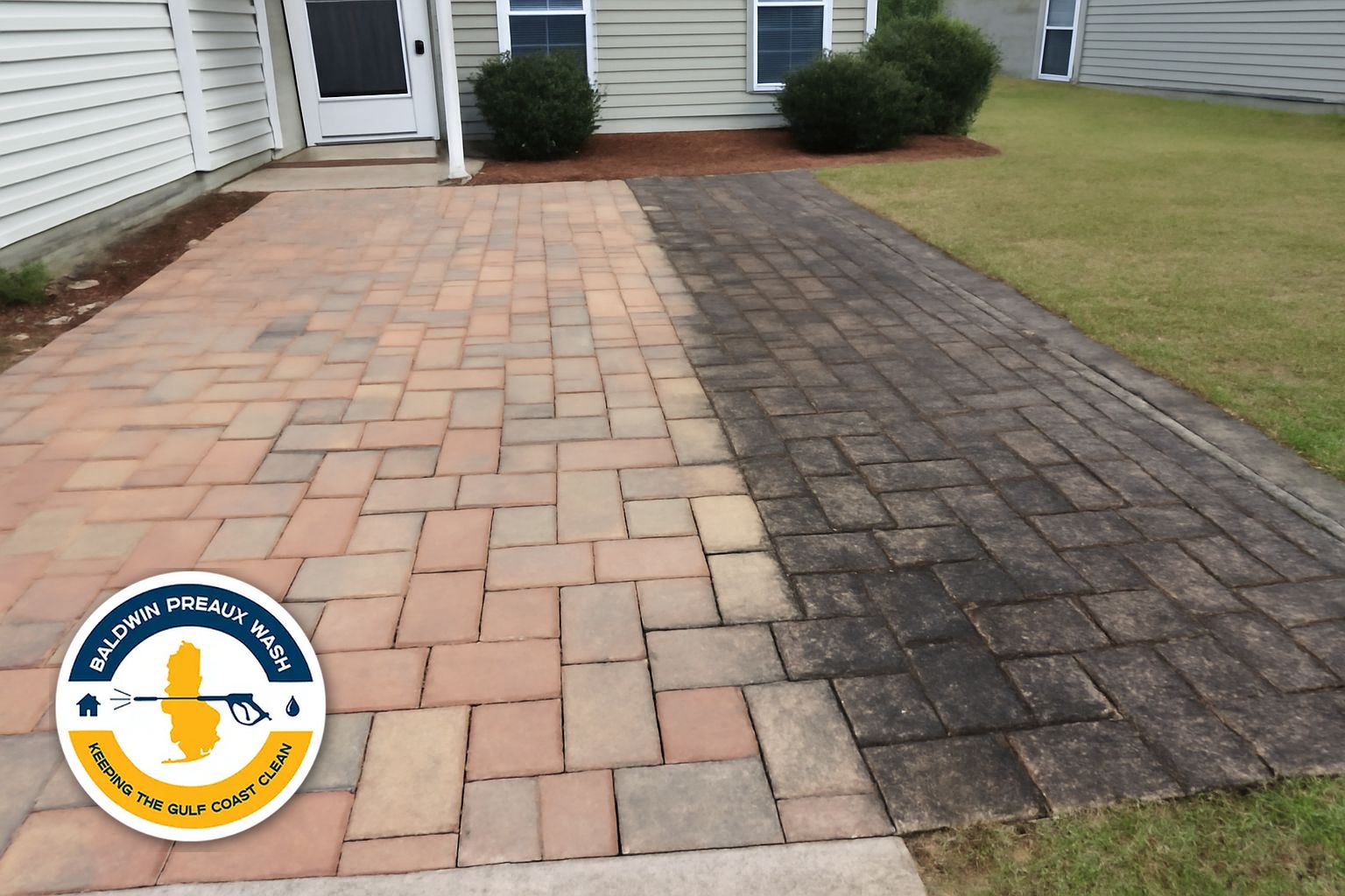 Close-up of paver joint sand erosion on a Gulf Shores Alabama patio before cleaning