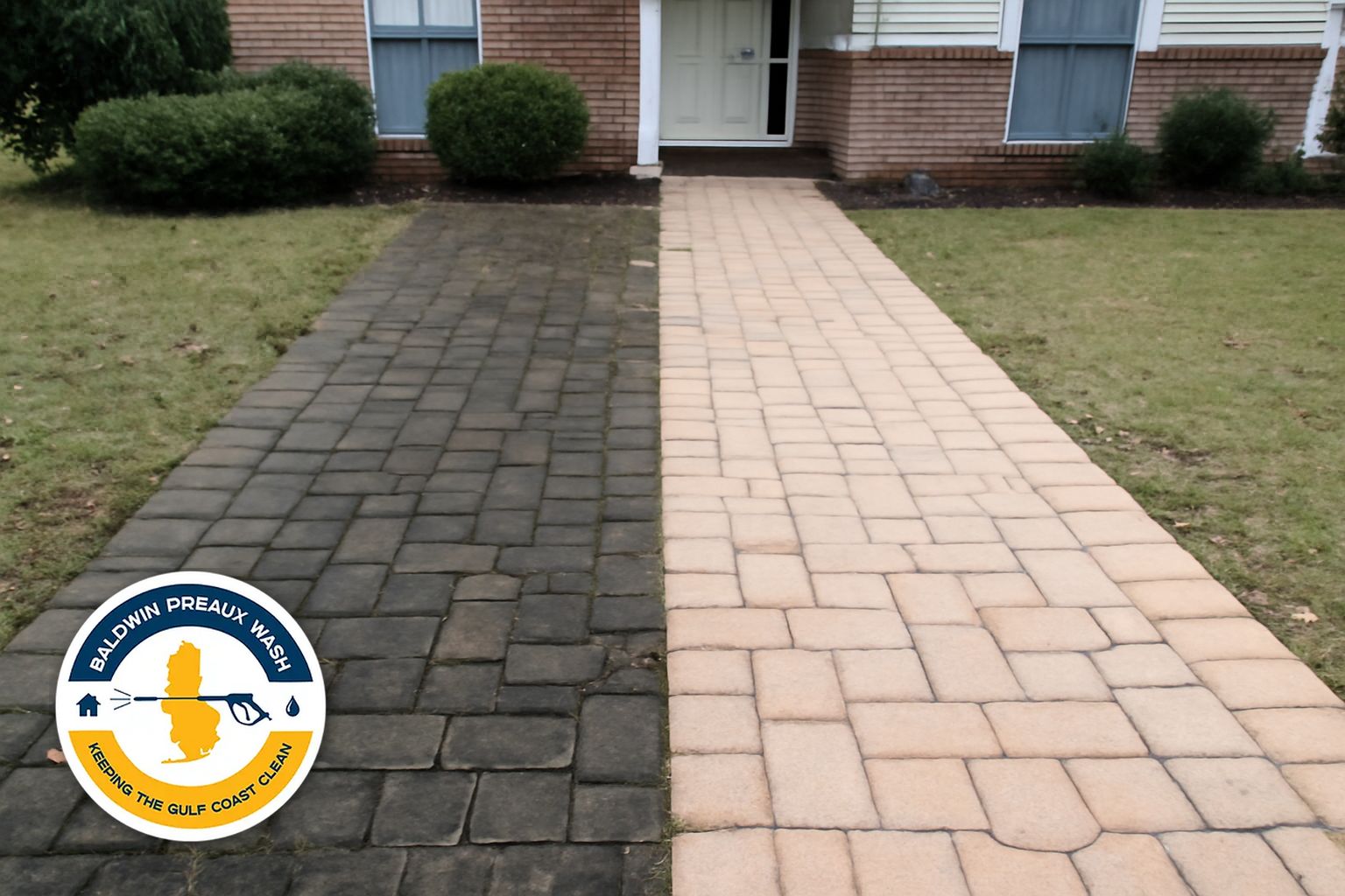 Paver patio before and after cleaning and sealing in Midtown Mobile, Alabama