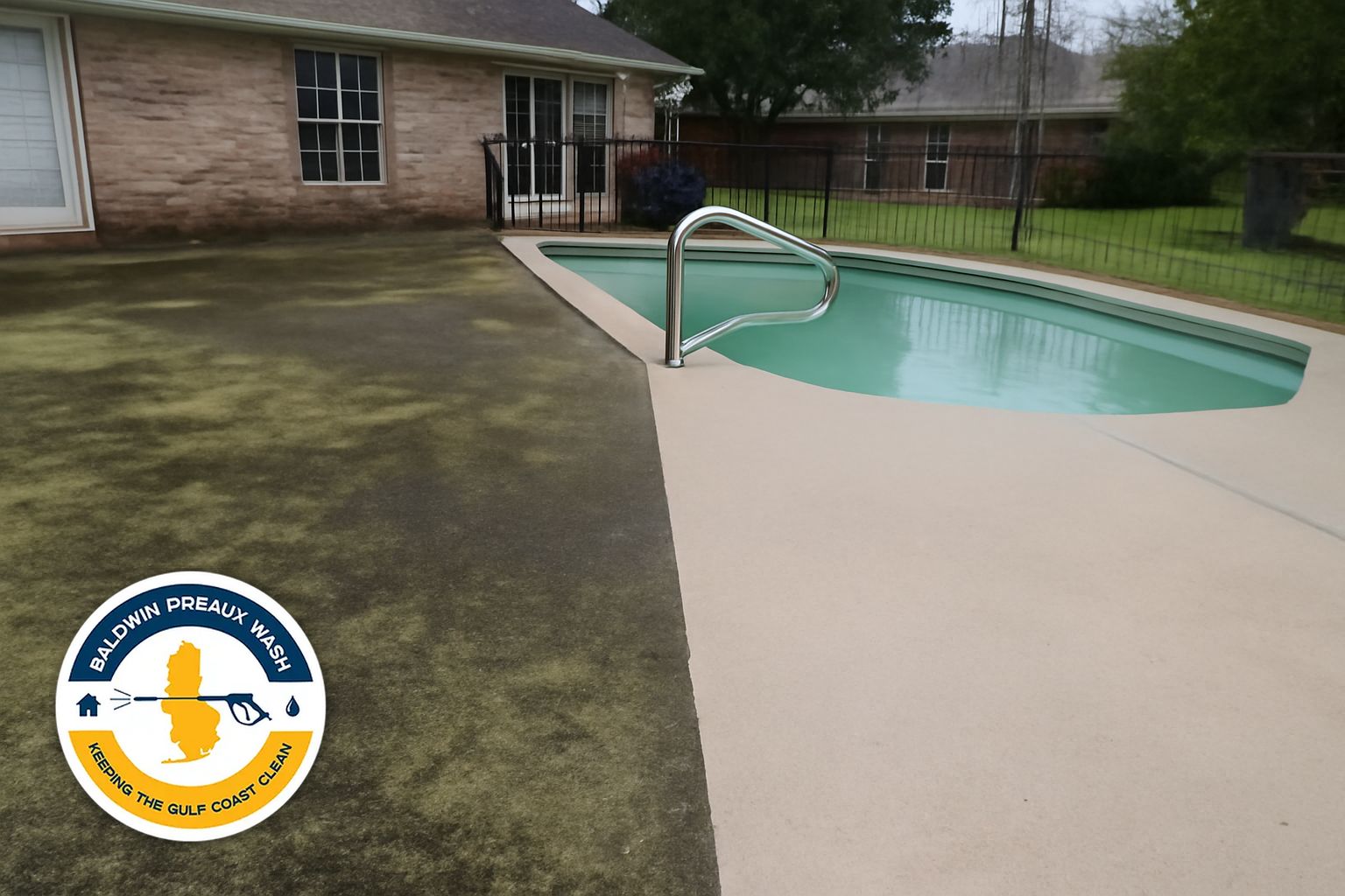 Pool deck before and after soft washing in Foley AL showing algae removal on brushed concrete