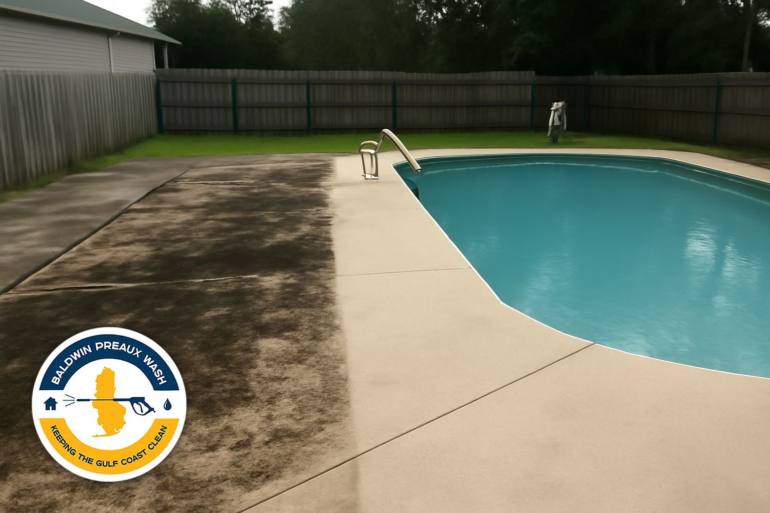Pool deck before and after cleaning at a Gulf Shores rental home