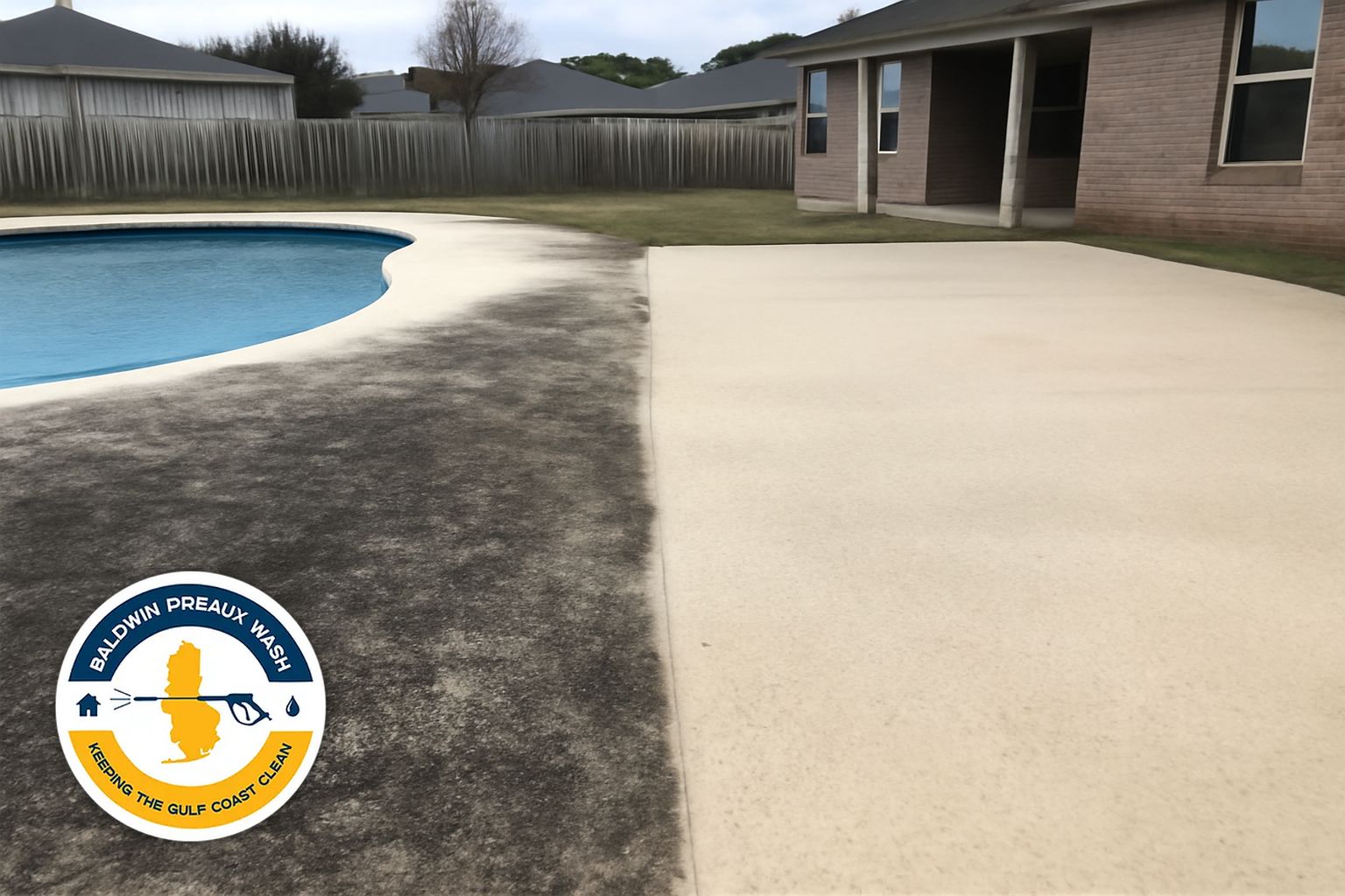 Finished pool deck cleaning result at a Gulf Shores home near the Gulf