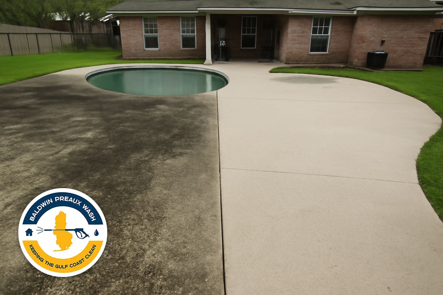 Algae-covered concrete pool deck before soft washing in Spanish Fort AL 36527