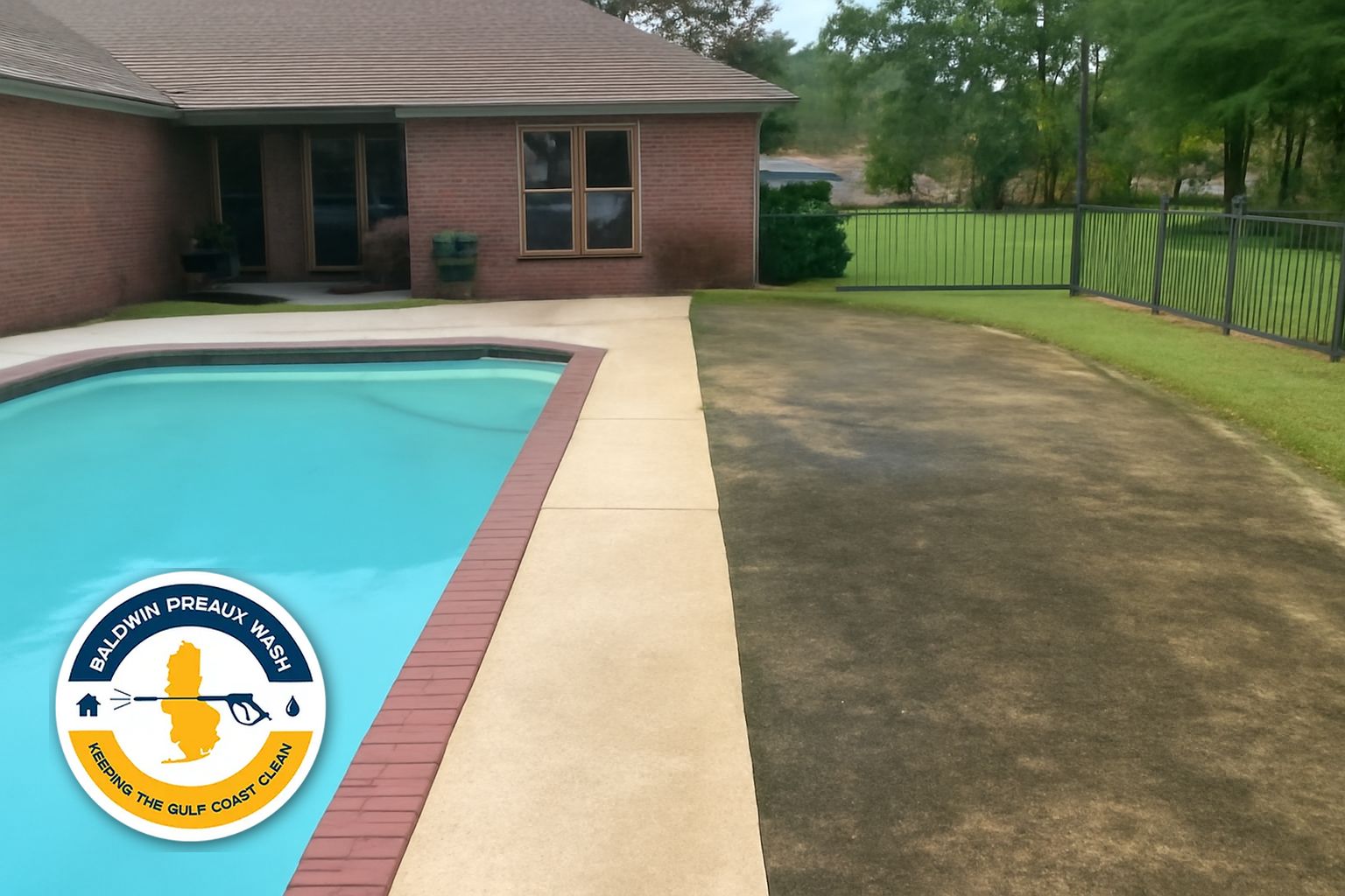 Concrete pool deck in Daphne Alabama cleaned and ready for summer use