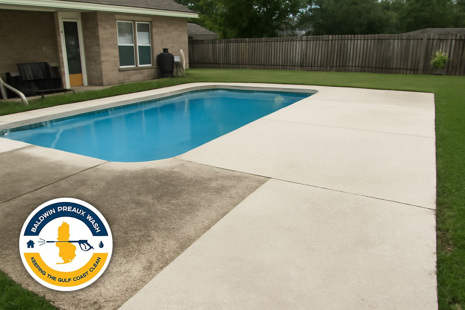 Clean pool deck after professional soft wash service in Daphne Alabama Eastern Shore