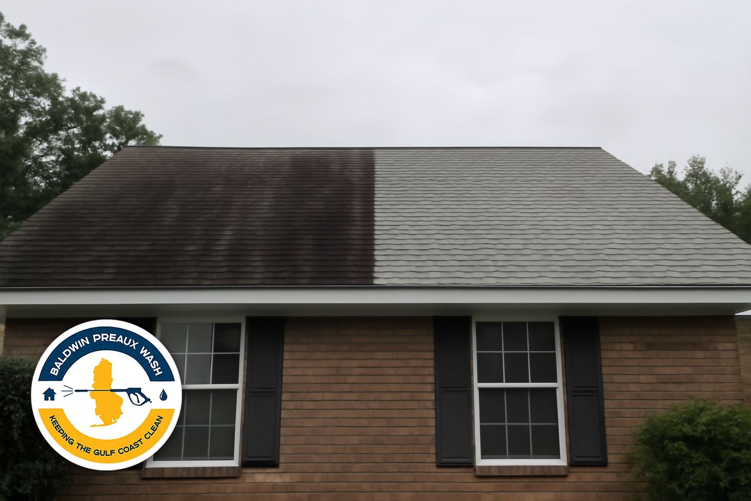 Roof soft washing being applied to an algae-streaked shingle roof on a home in Daphne, Alabama