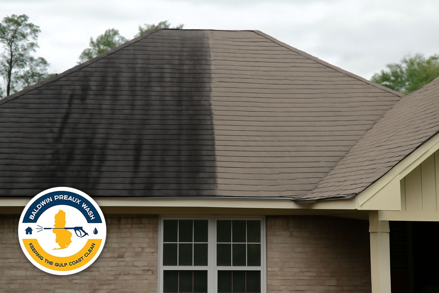 Black algae streaks on asphalt shingles on a Fairhope home before roof soft washing