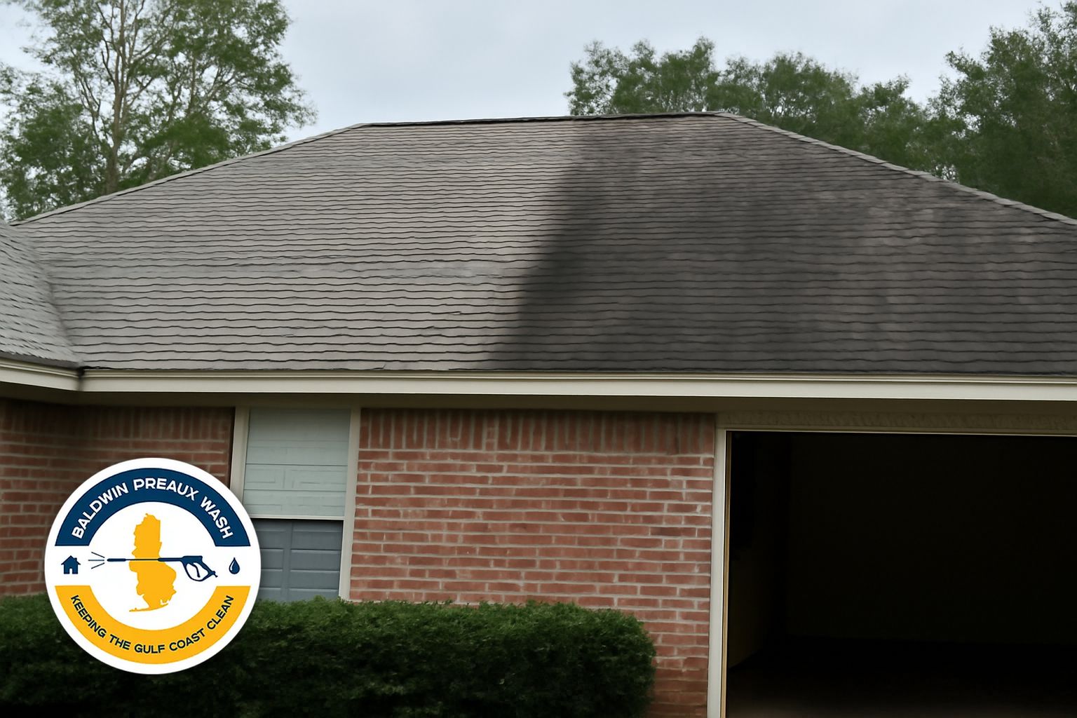 Clean asphalt shingle roof after soft washing treatment on a Fairhope Alabama home with mature oak trees