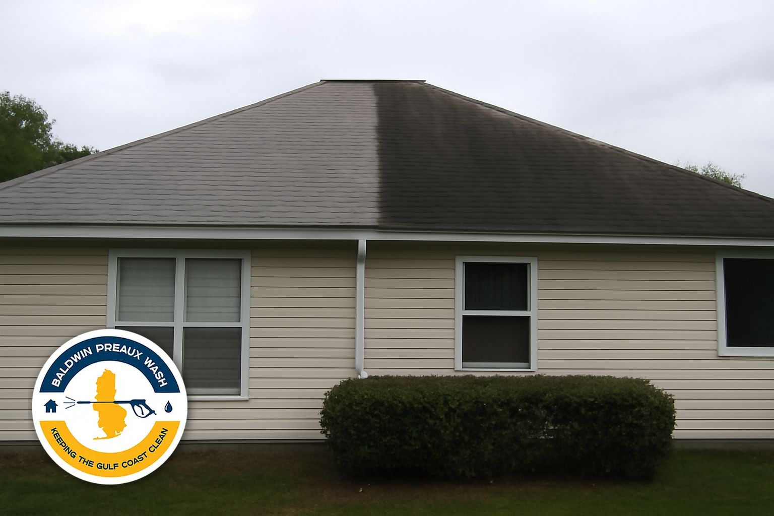 Fort Morgan coastal home after roof soft washing and house washing by Baldwin Preaux Wash