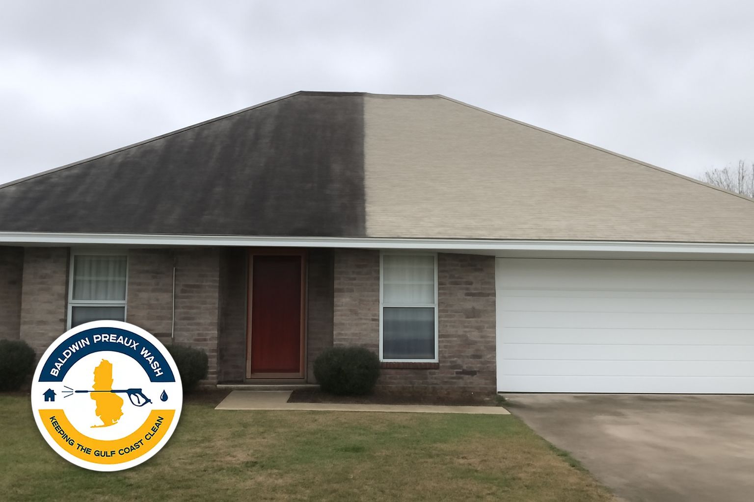 Before and after roof soft washing on a Robertsdale home showing black streak removal