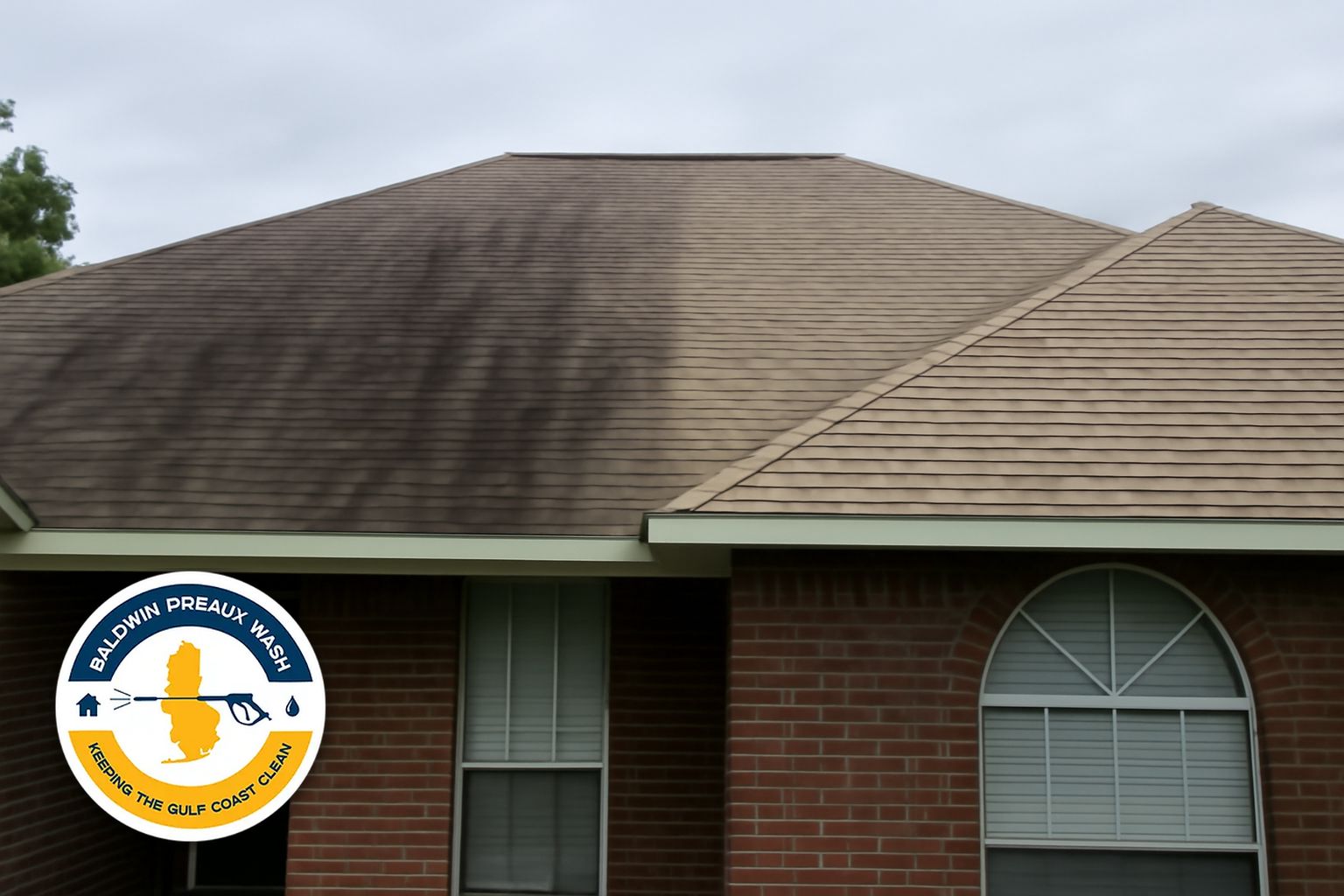 Clean shingle roof on a north Baldwin County home after soft washing treatment