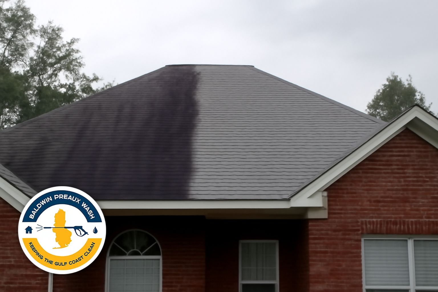 Dark algae streaks on asphalt shingles on a Spanish Fort home