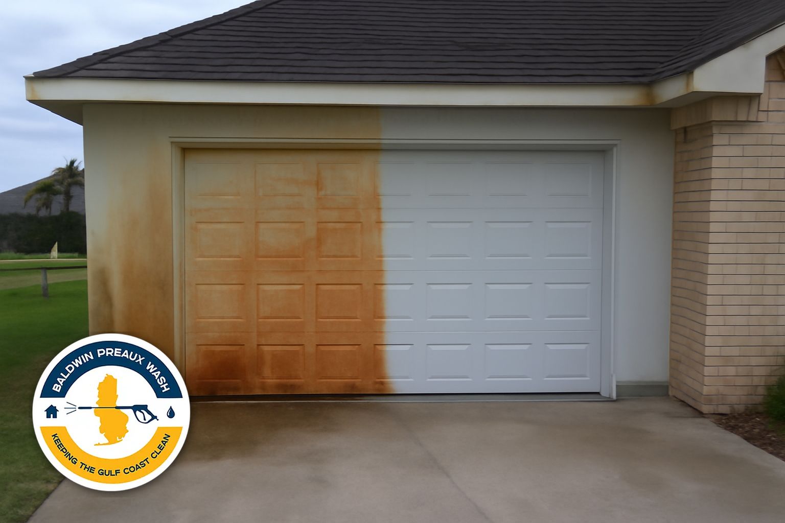 Orange rust stains on a concrete driveway in Fairhope Alabama before treatment