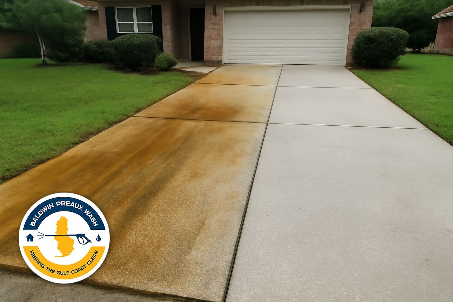 Orange rust stains on a concrete driveway in Foley, Alabama caused by iron-rich irrigation water