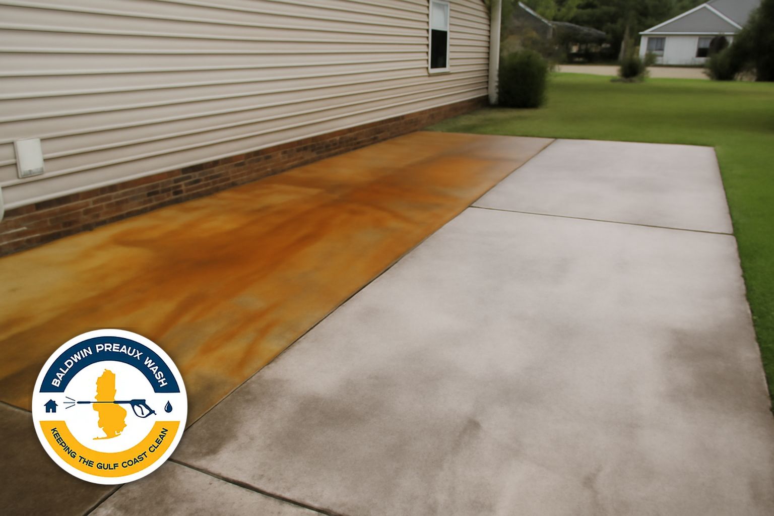 Orange rust stains from irrigation system on a concrete driveway in Gulf Shores Alabama