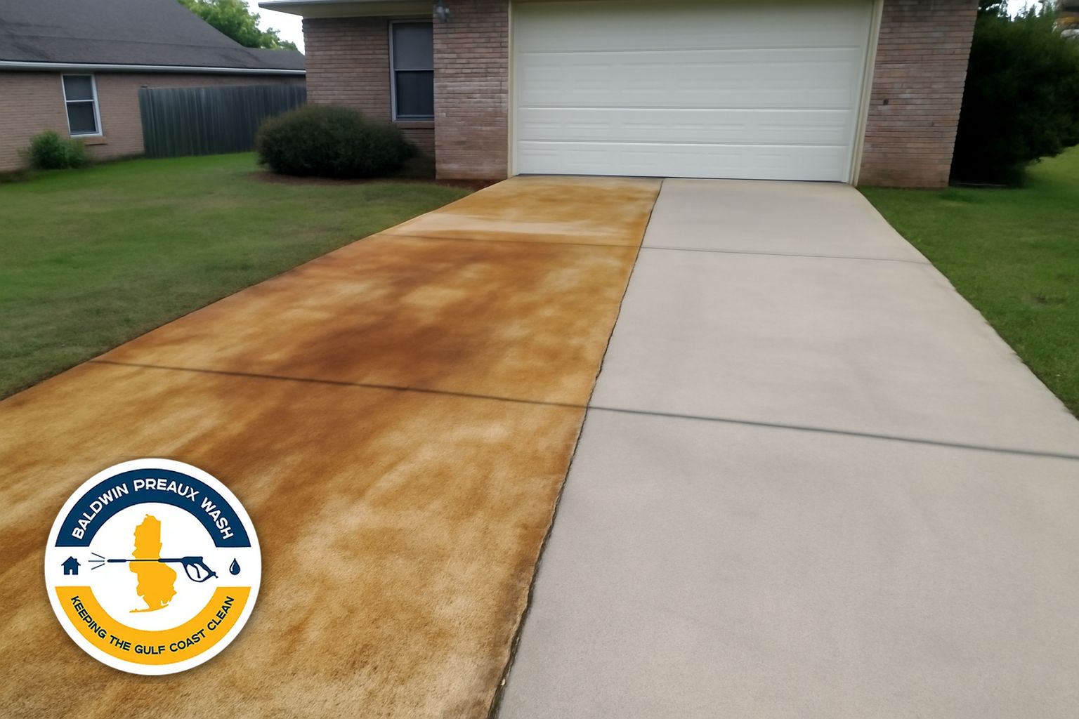Orange rust stains from irrigation on a concrete driveway in Spanish Fort Alabama