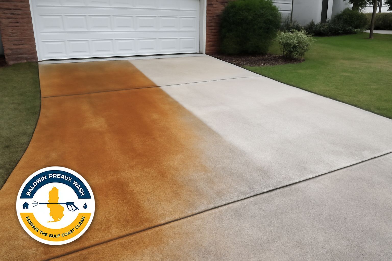 Clean driveway and freshly washed siding on a Spanish Fort home after rust stain removal