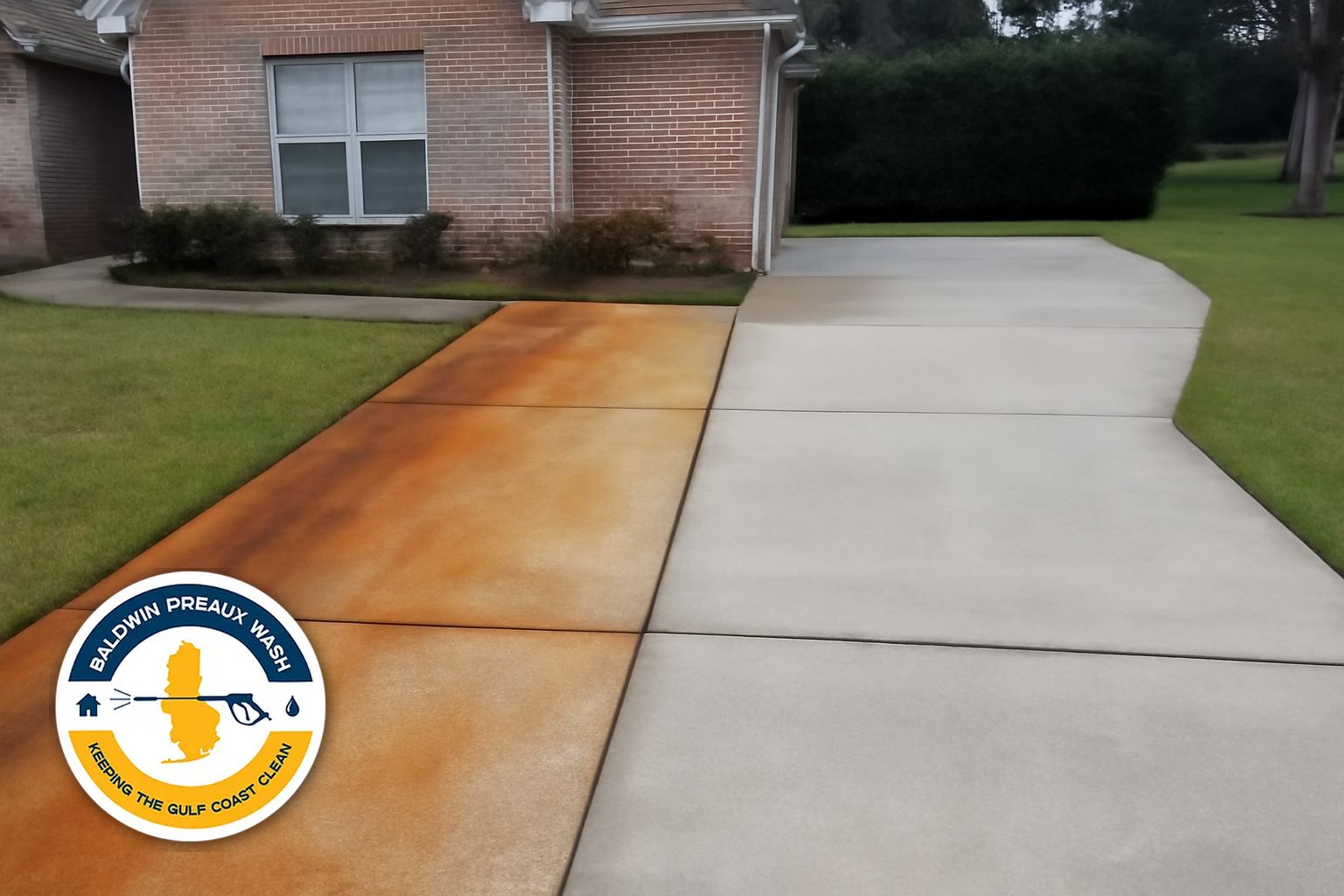Orange iron stains on a concrete driveway in Daphne, Alabama before treatment