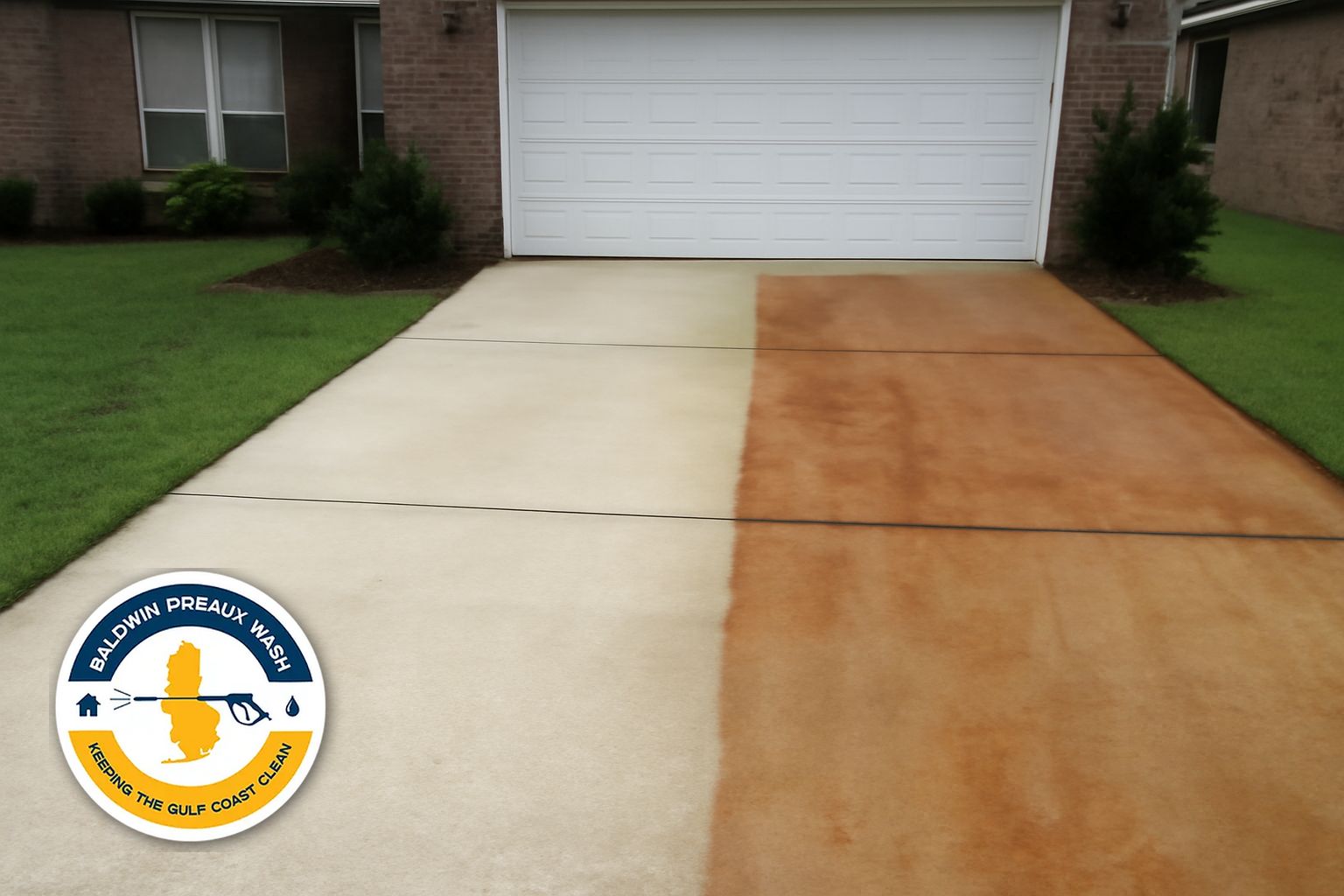 Clean concrete driveway in a Daphne neighborhood after rust stain removal by Baldwin Preaux Wash