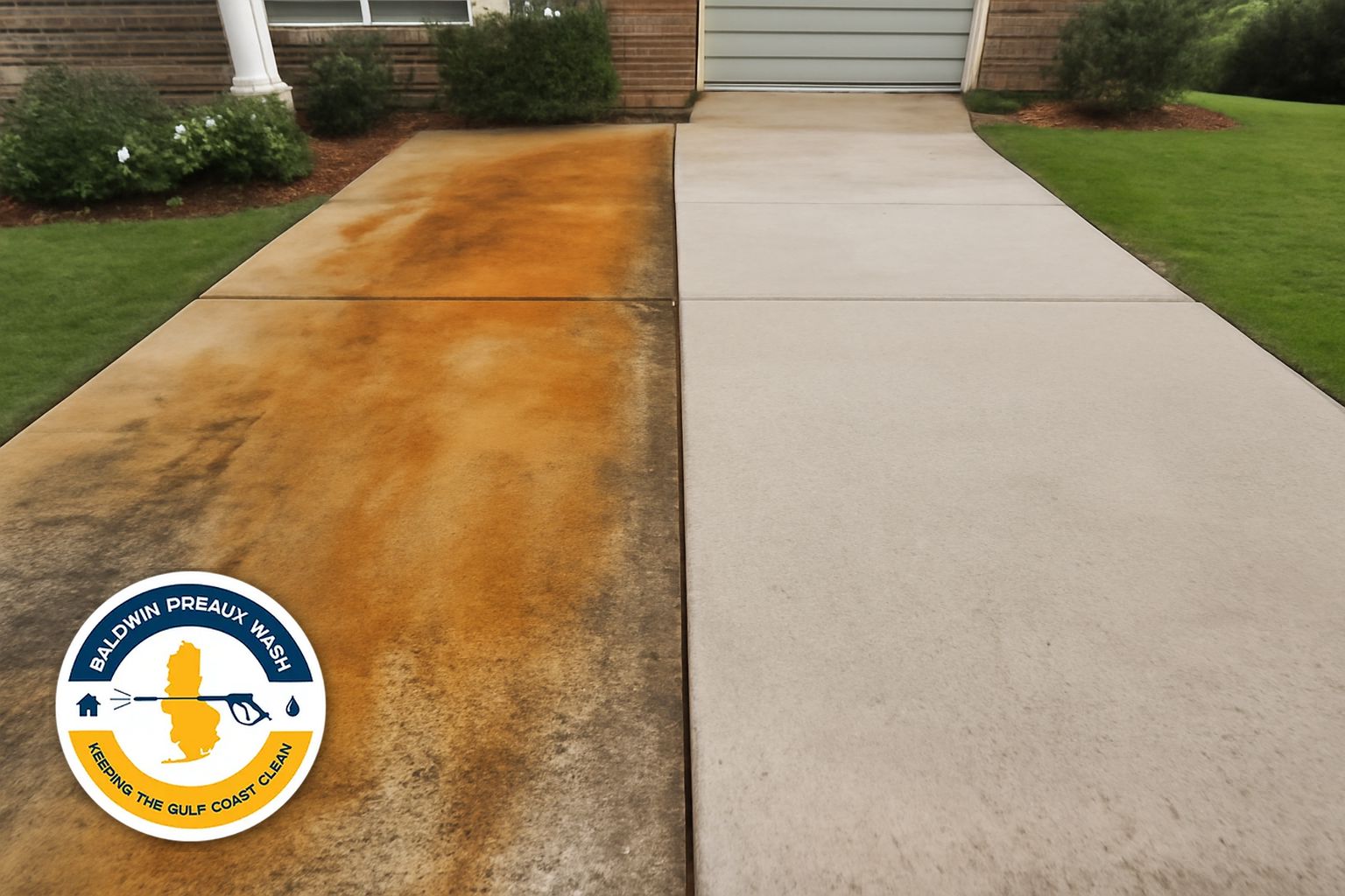 Orange rust streaks on a concrete driveway in Spanish Fort, Alabama