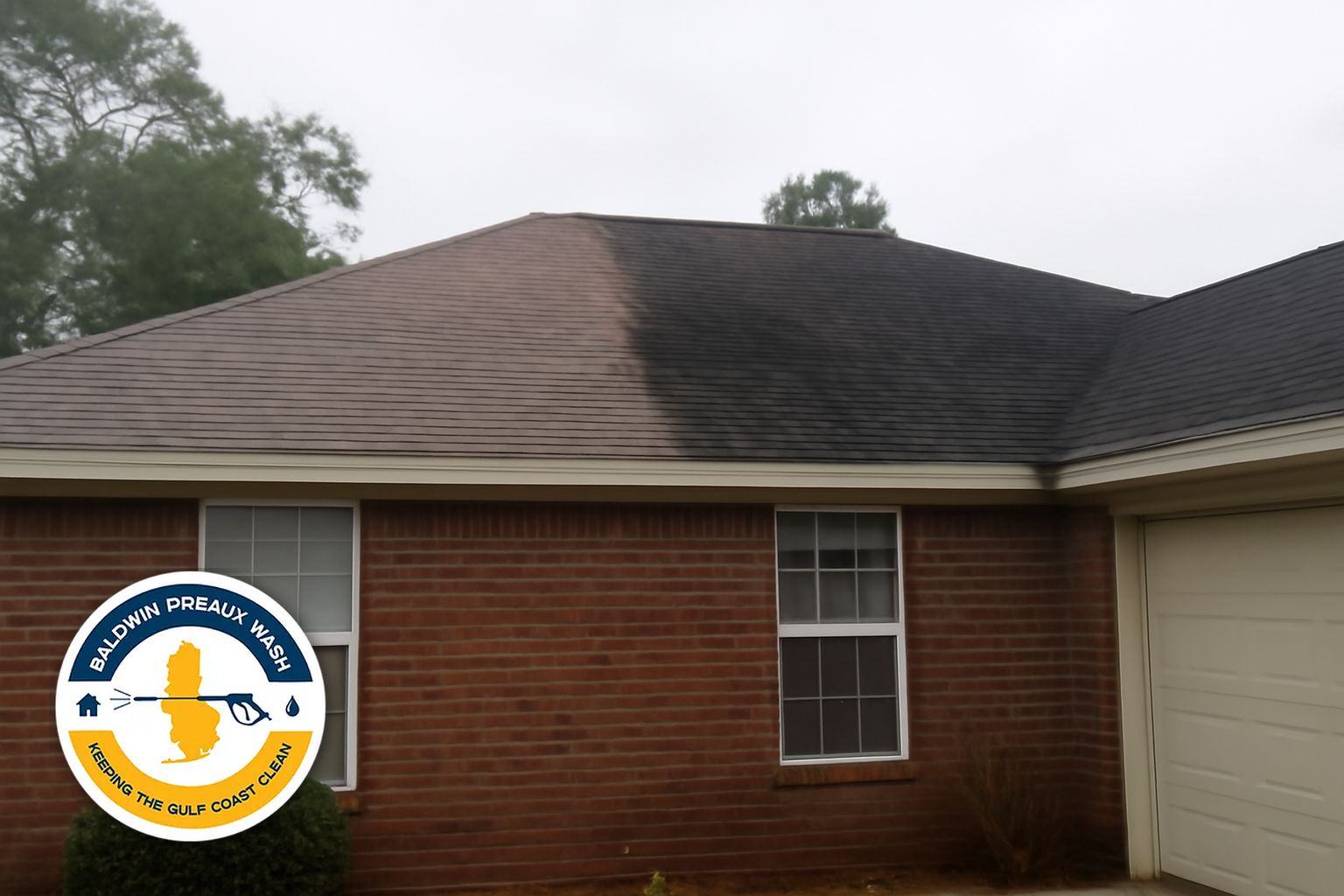 Roof cleaning crew setting up soft wash equipment at a Spanish Fort home near Timber Creek