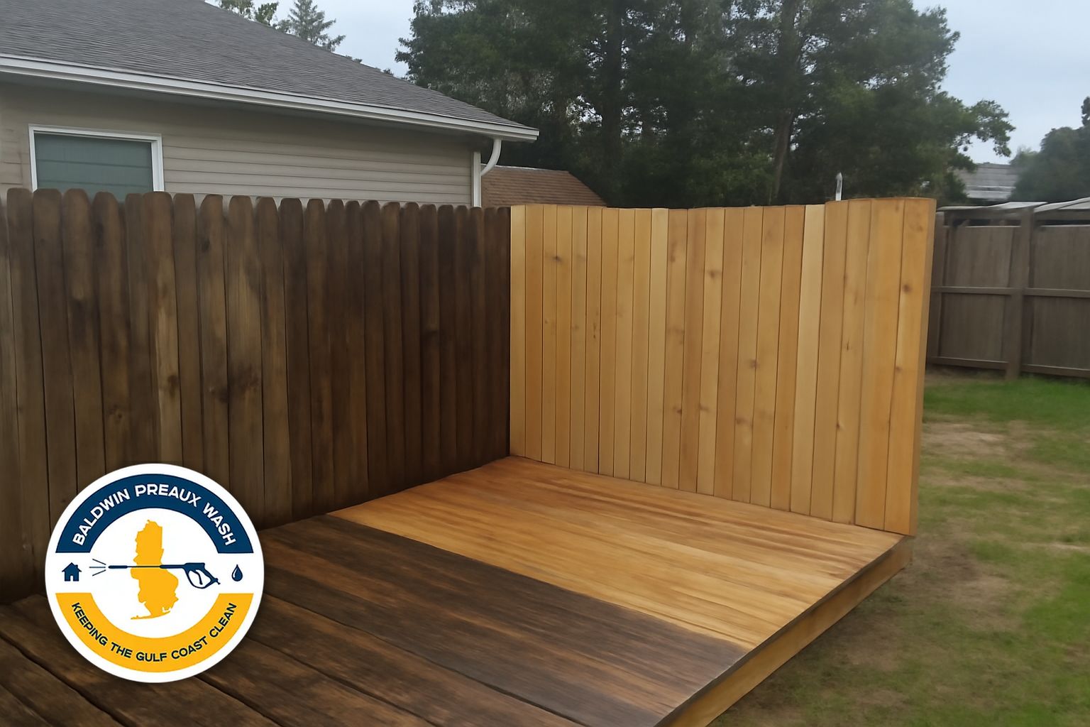 Mildew-covered wood privacy fence in a Daphne Alabama backyard before soft wash cleaning
