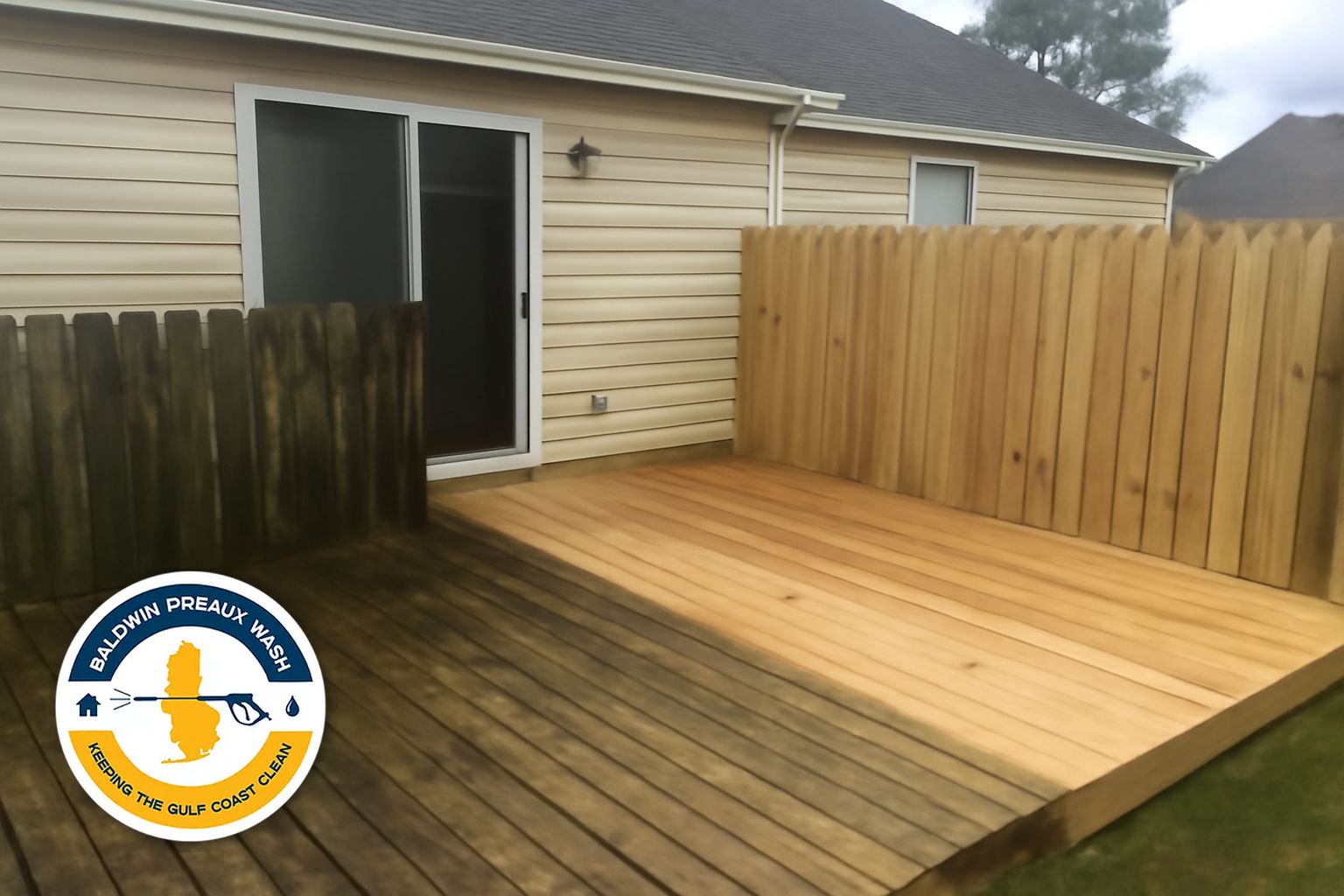 Wood privacy fence in Daphne Alabama before and after soft wash cleaning