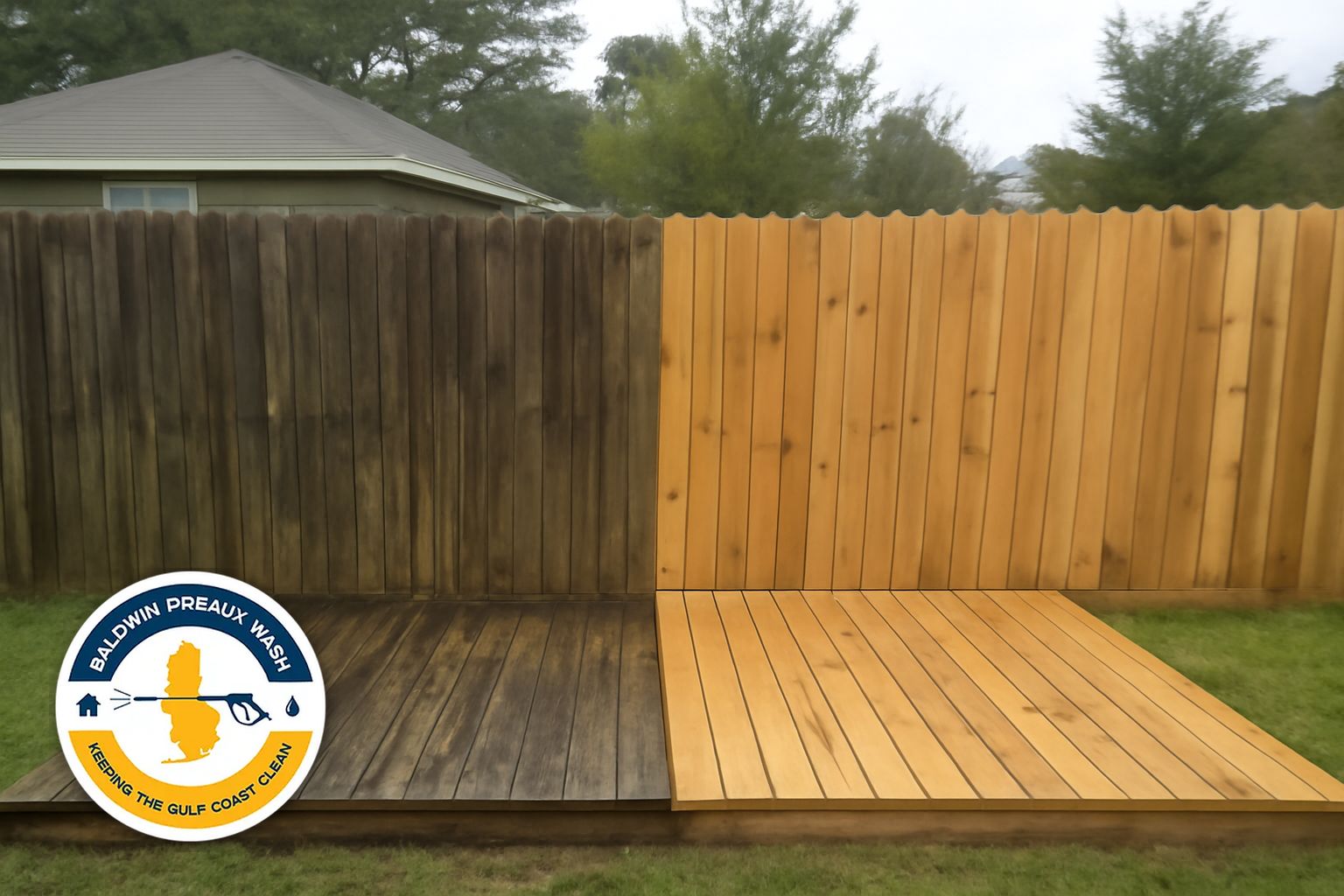 Wood deck being soft washed in Fairhope Alabama