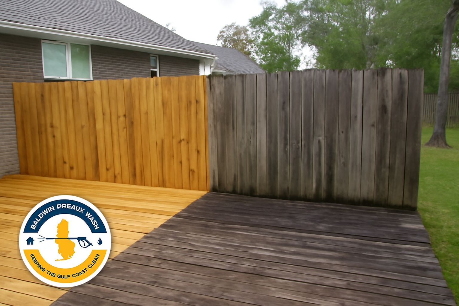Deck boards after cleaning in Fairhope showing restored wood color