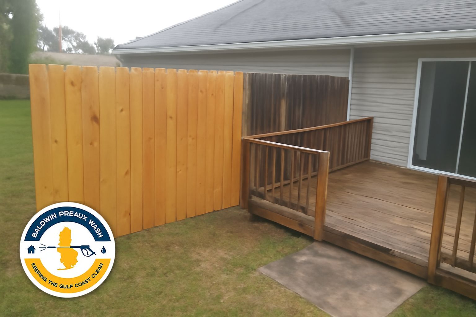 Clean restored deck boards after soft washing in South Baldwin County